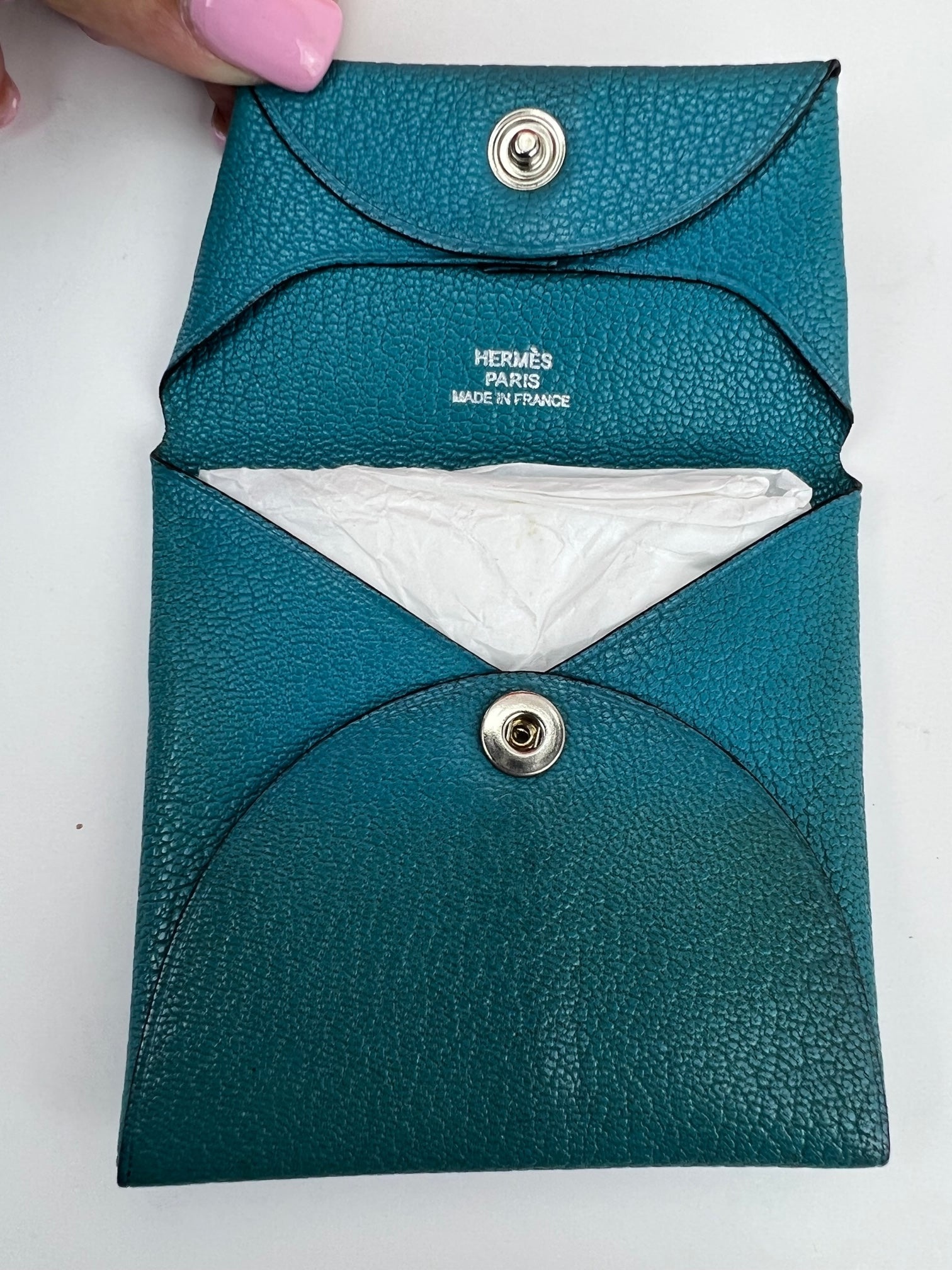 Hermès Chevre Mysore Bastia Verso Teal Blue Coin Purse W/Added Chain Preowned - 10