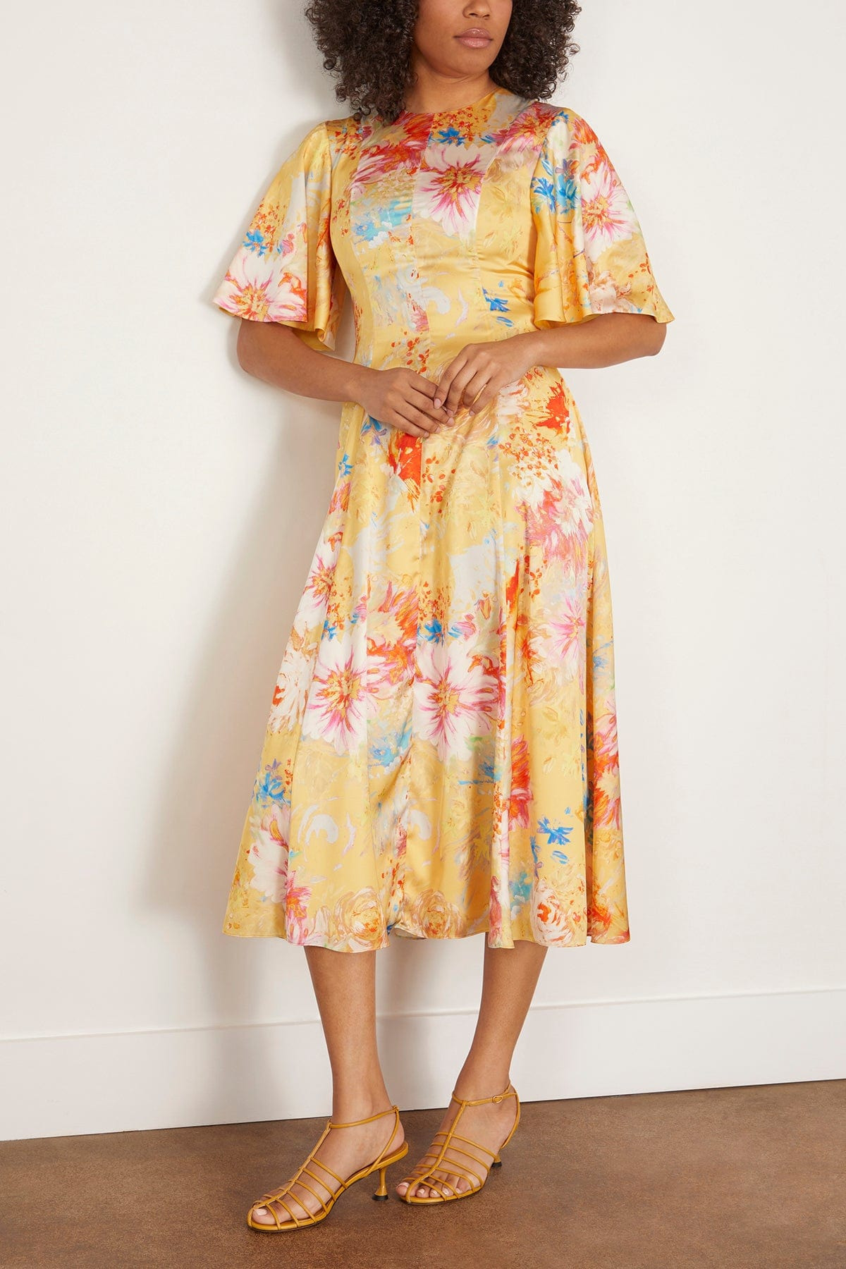 Sarah Printed Satin Midi Dress with Flutter Sleeve in Yellow Peony - 3