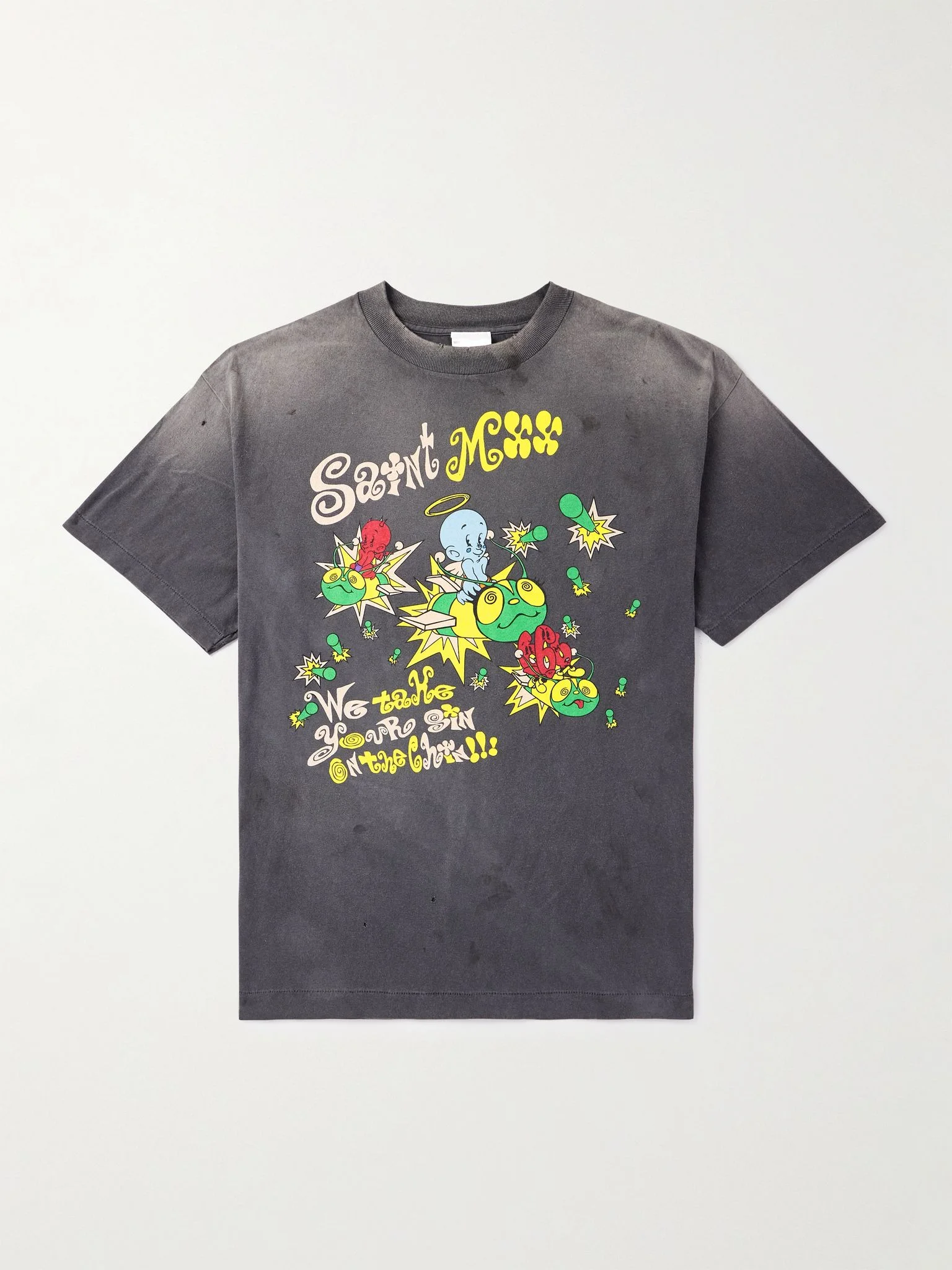 Distressed Logo-Print Cotton-Jersey T-Shirt Black - 1