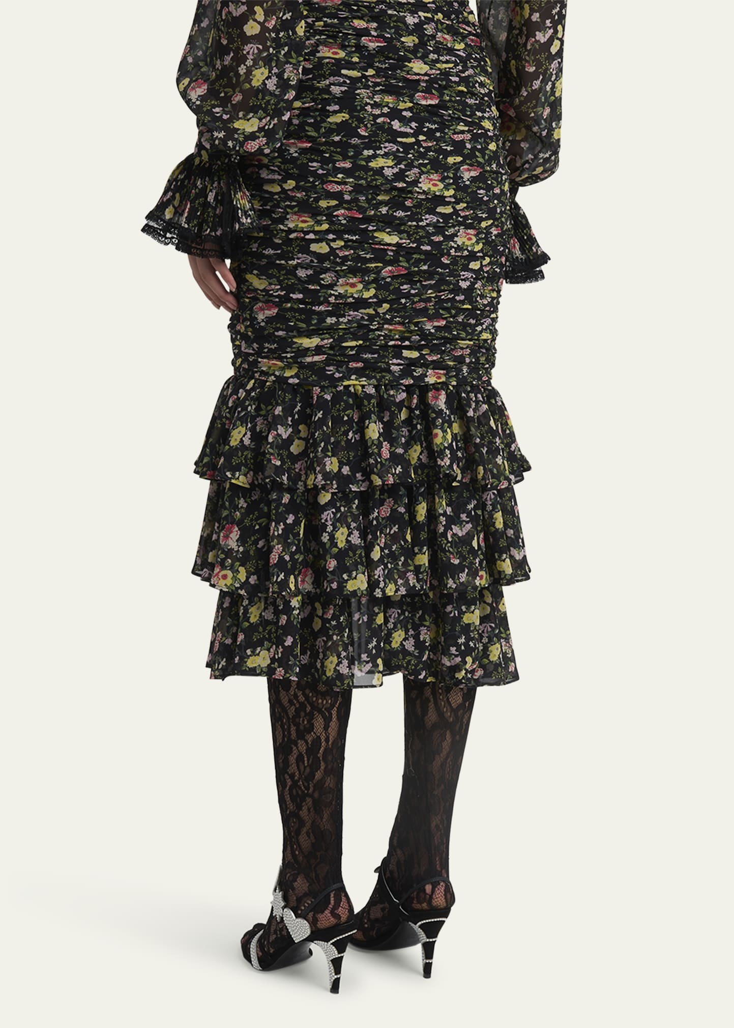Ruched Flower Print Midi Skirt With Ruffle Hem - 3