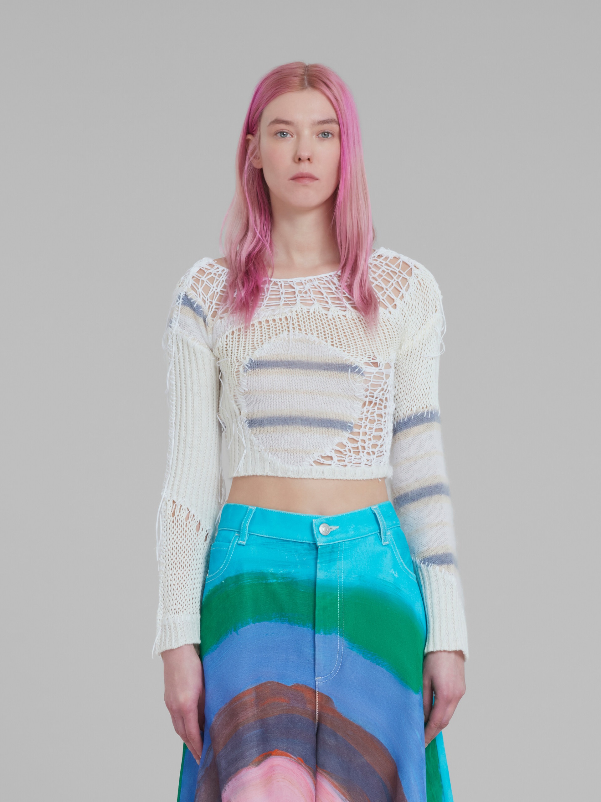 WHITE MOHAIR CROPPED PATCHWORK JUMPER - 2