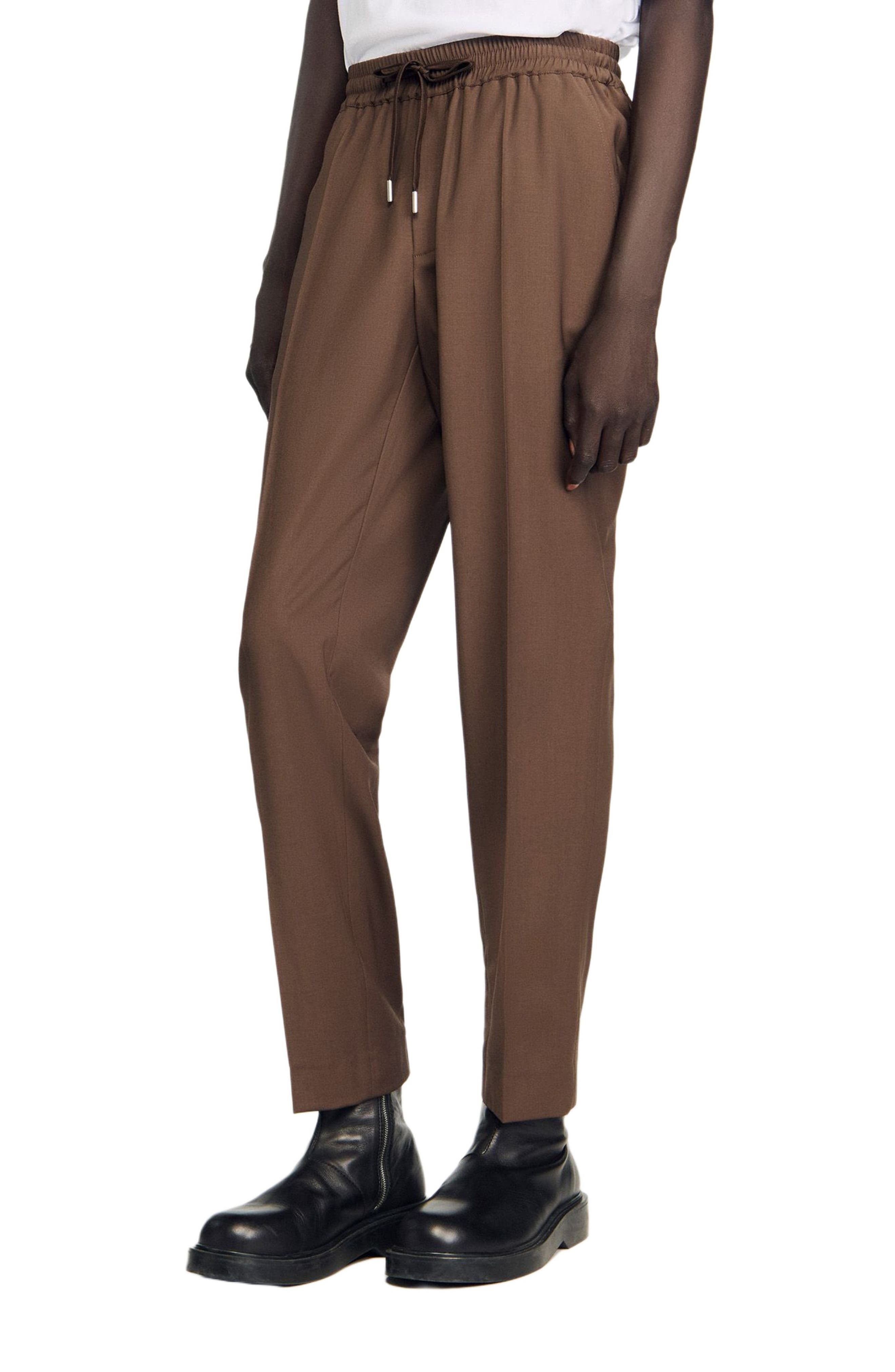 SANDRO Elasticated straight-leg trousers in Tobacco Brown at Nordstrom - 4