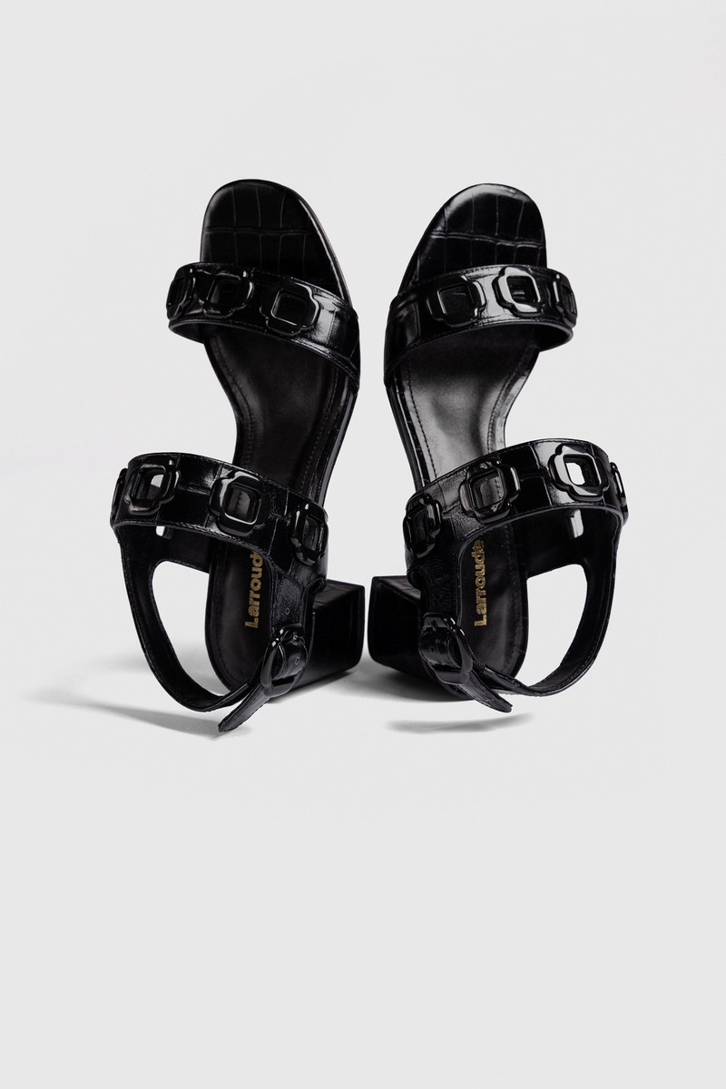 Milan Block Sandal In Black Croc Printed Leather 6