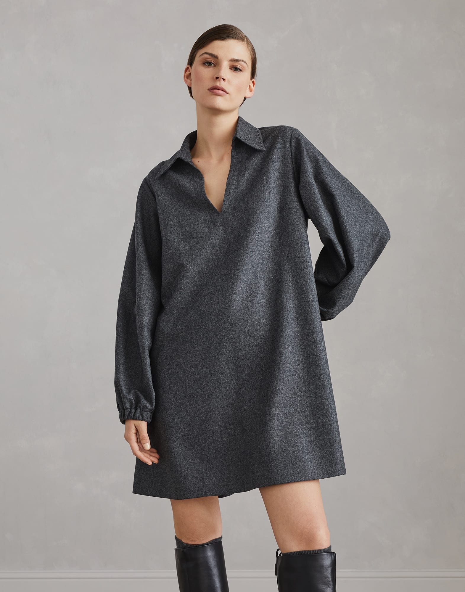 Virgin wool and cashmere flannel shirt dress with monili - 1