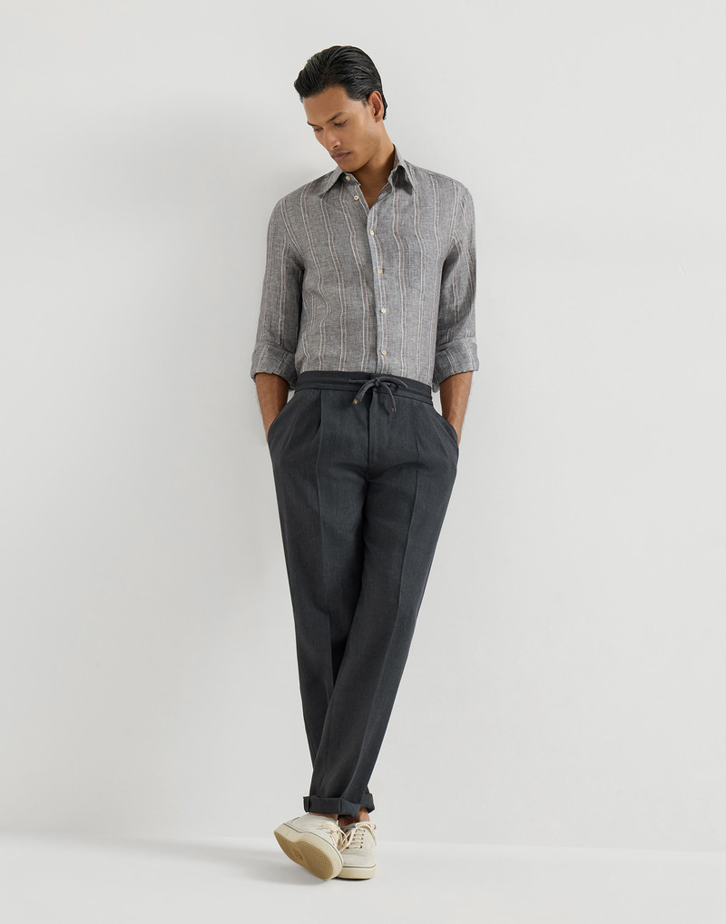 Linen and virgin wool chevron trousers with drawstring and double pleats 5