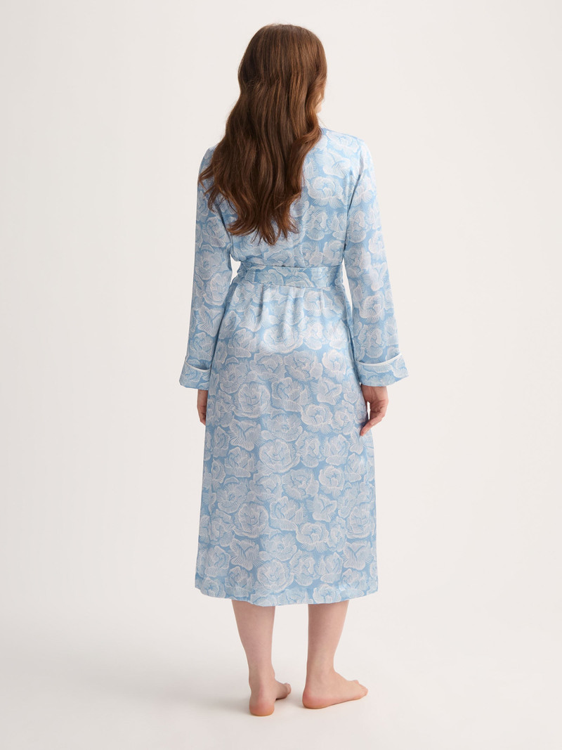 Women's Long Silk Robe Light Blue & White Rose Print 1