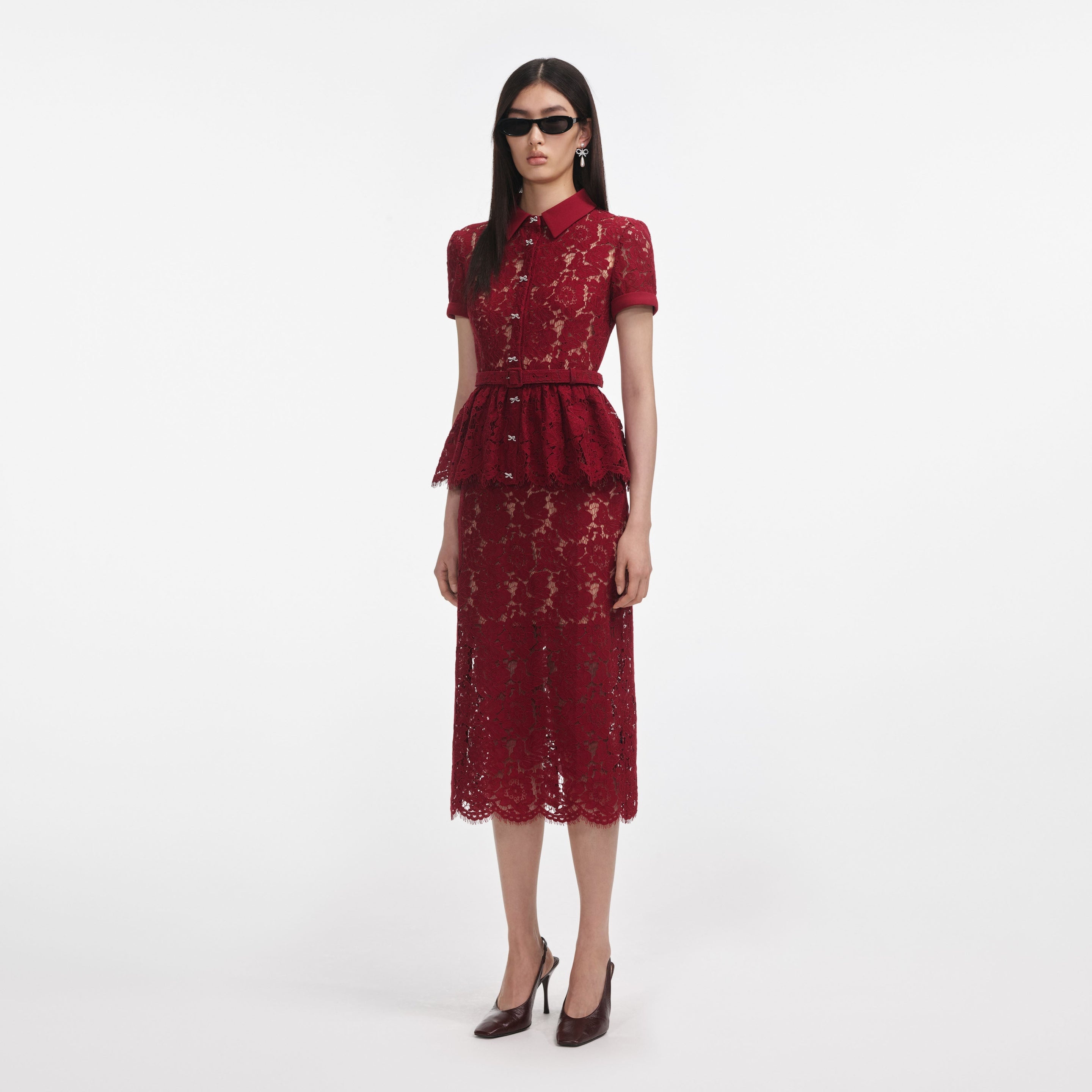 Burgundy Lace Peplum Midi Dress - 2