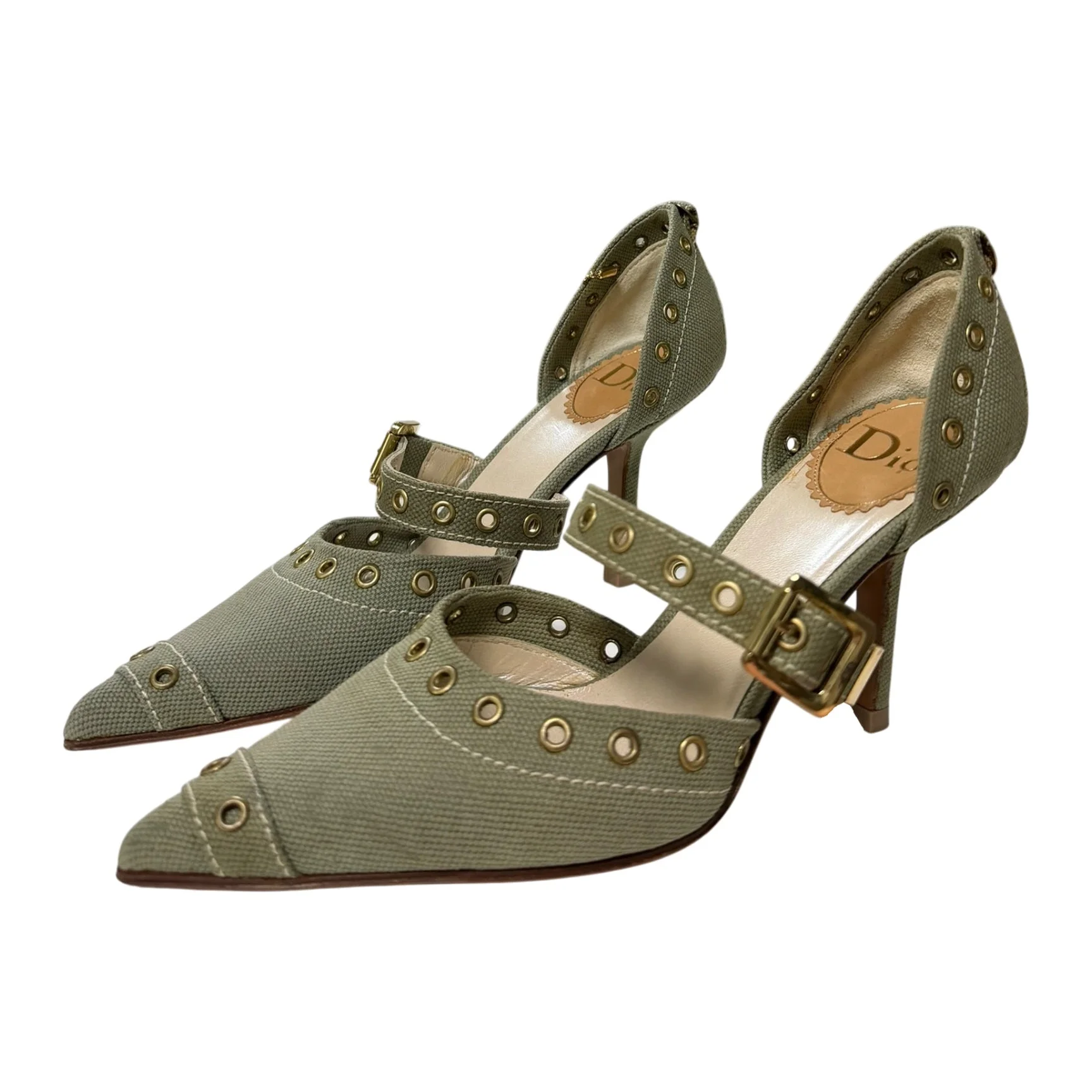 CHRISTIAN DIOR Spring Summer 2002 Canvas Grommet Mary Jane Heels with Logo Charm - 1