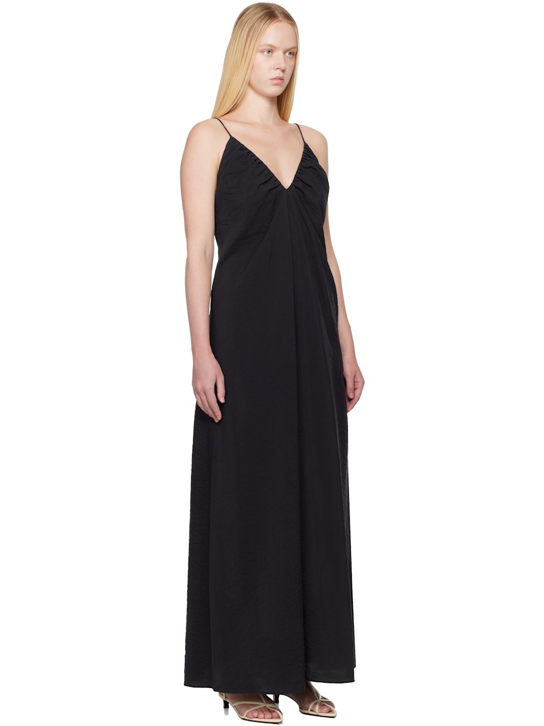 Black Hammered Silk V-Neck Strap Maxi Dress - 2