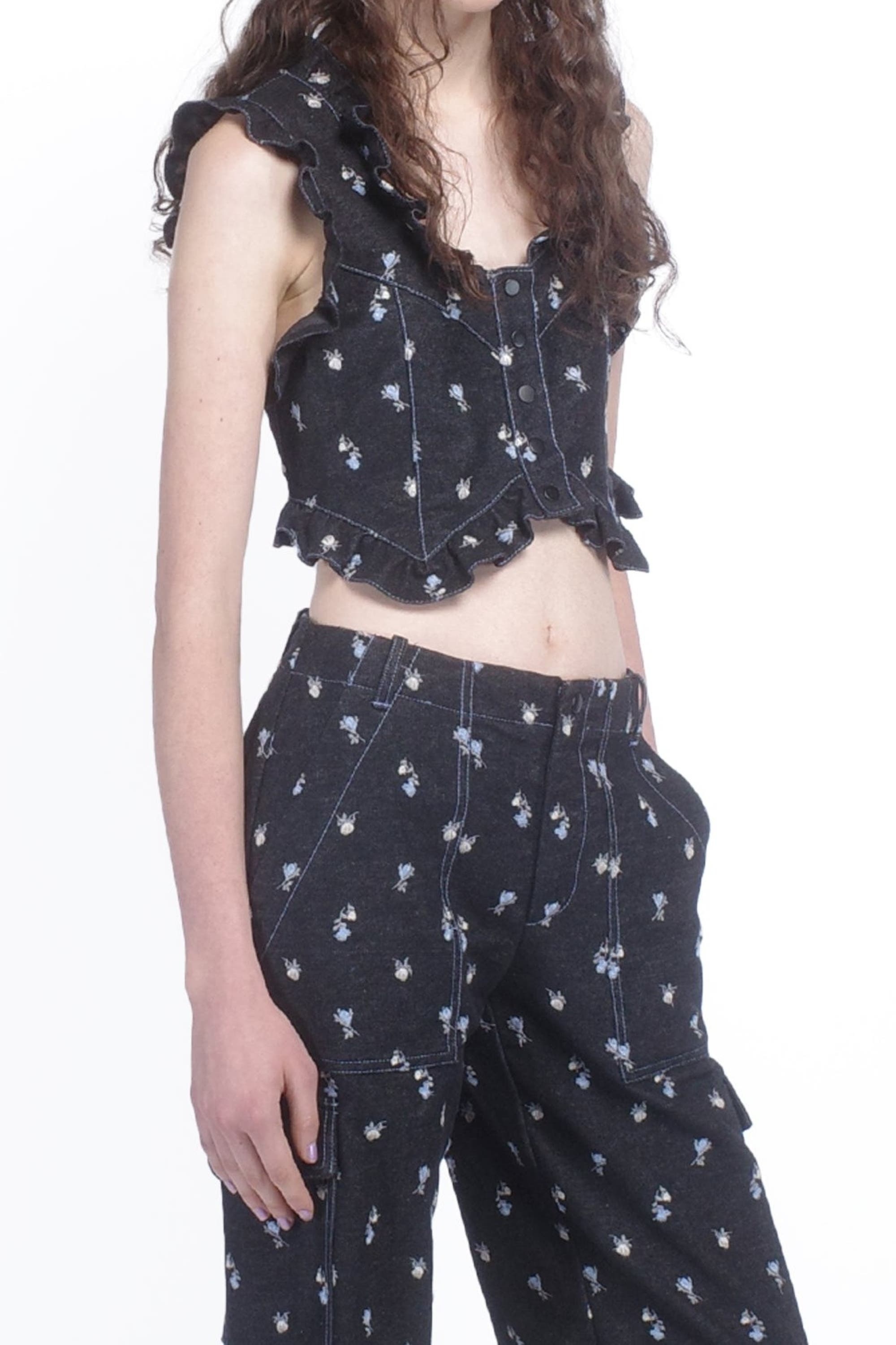 Anna Sui Denim Embroidered Roses Cropped Vest in Black Multi at Nordstrom - 2