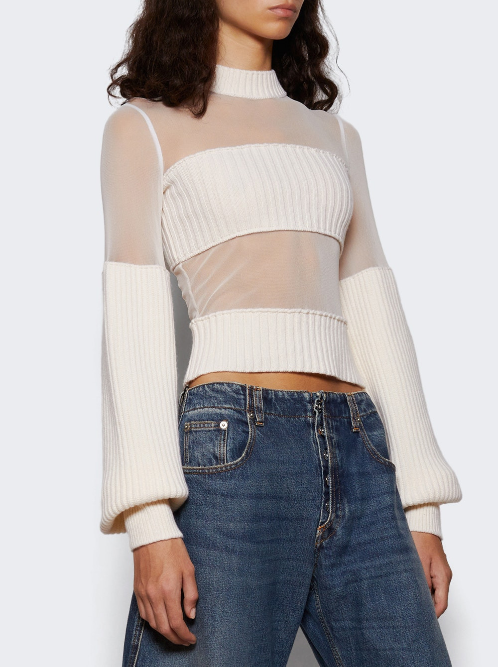 Ribbed Wool And Mesh Long Sleeve Sweater Ecru - 2