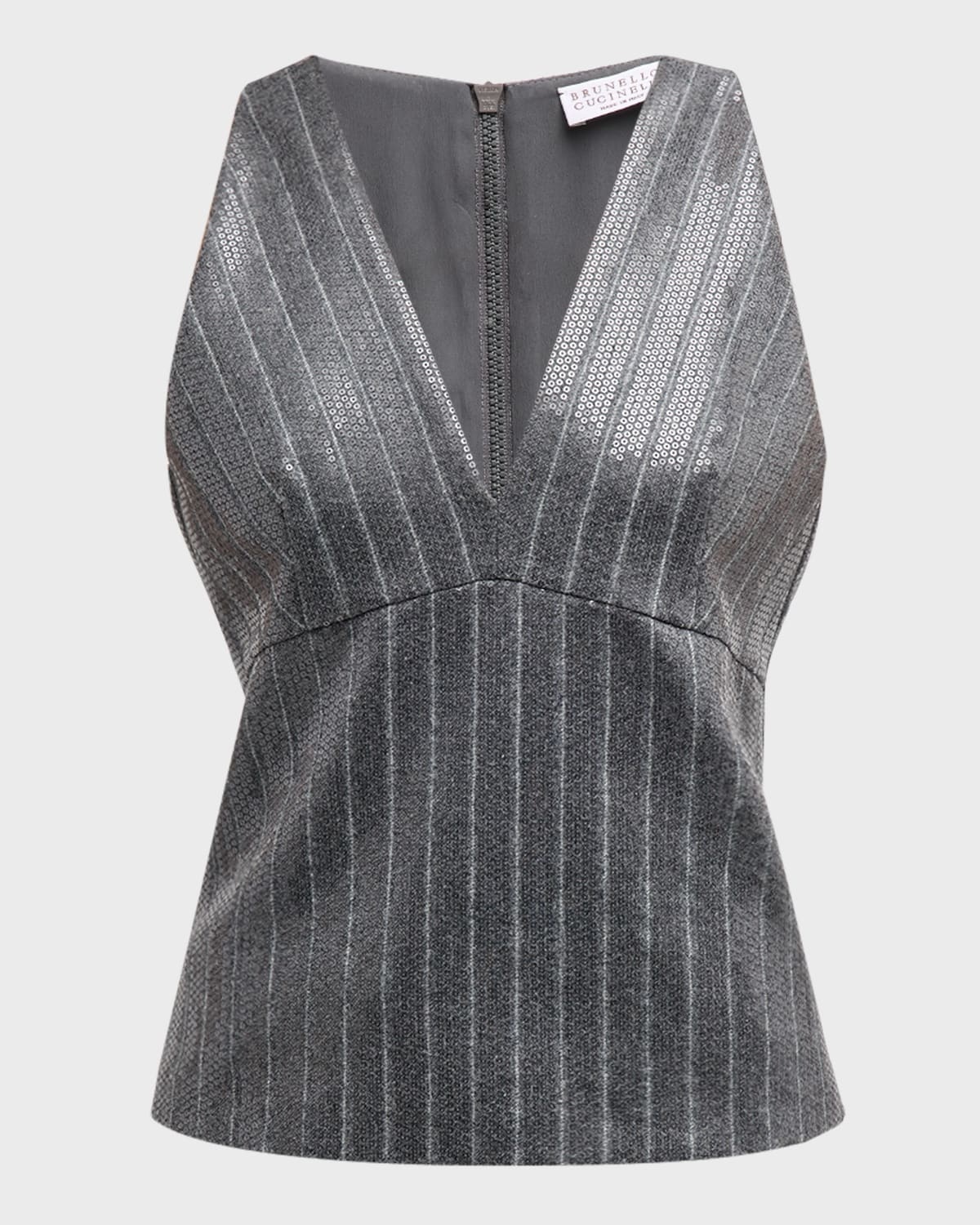 Pinstripe Sequin Embroidered Flannel Sleeveless Top - 1