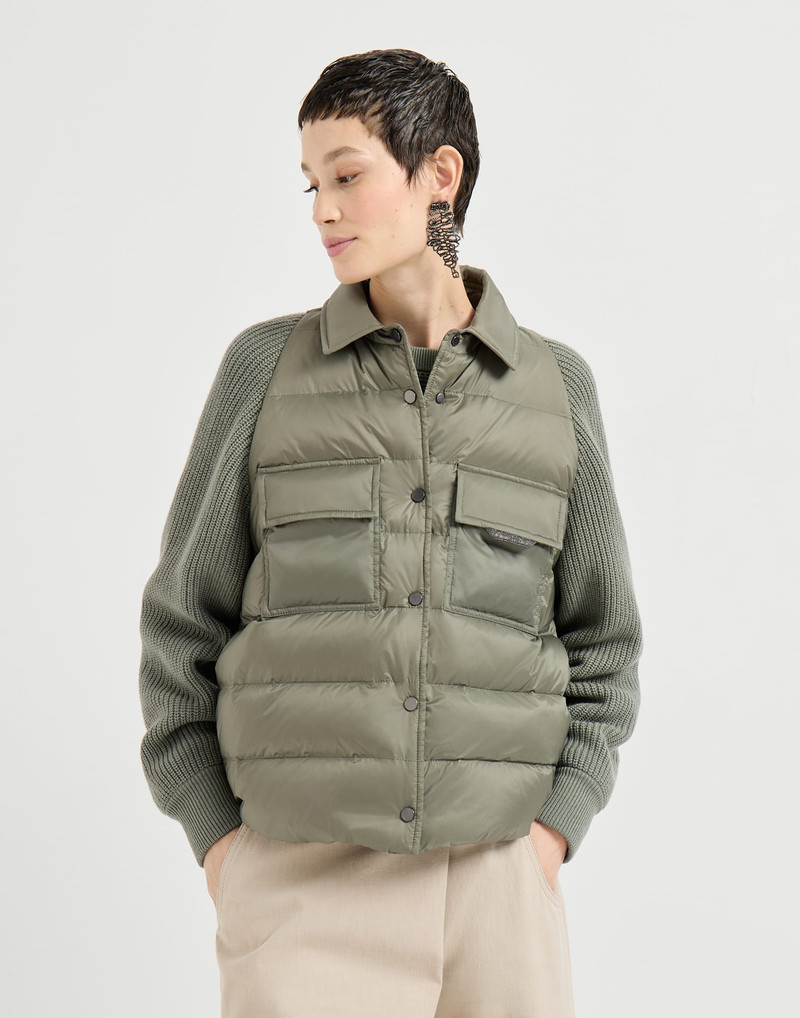 Water-resistant matte nylon down jacket with virgin wool, cashmere and silk knit sleeves and shiny z 2