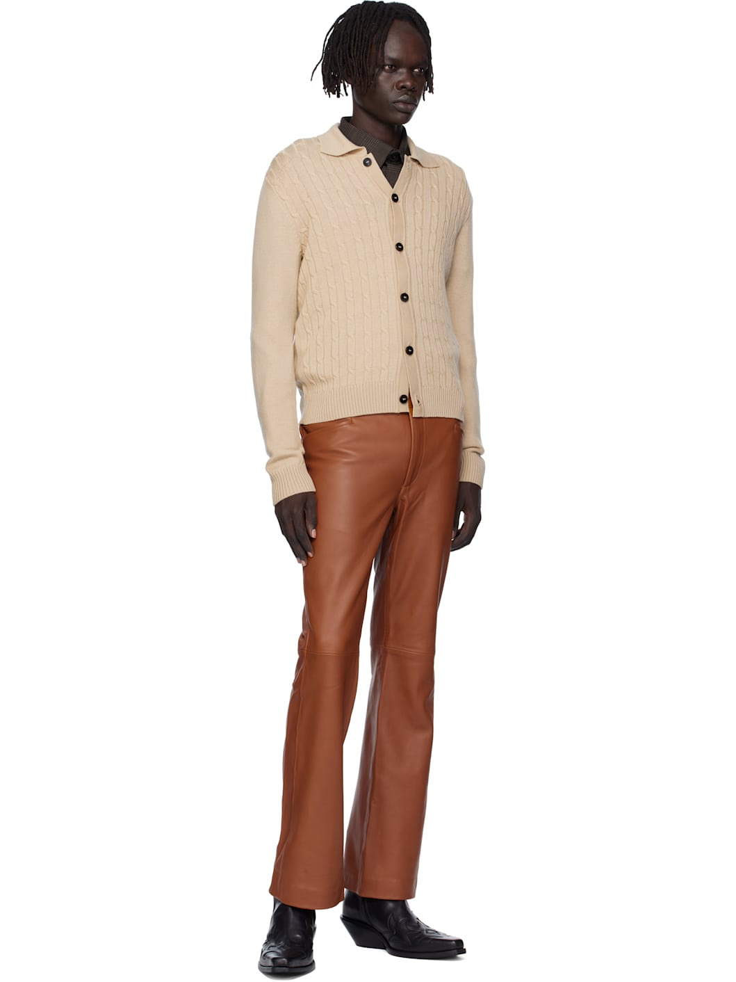 Beige Cable-Knit Polo Cardigan - 4