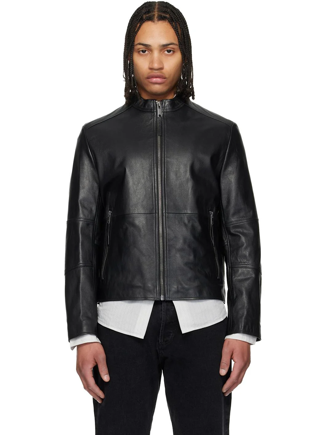 Black Slim Fit Grained Leather Jacket - 1