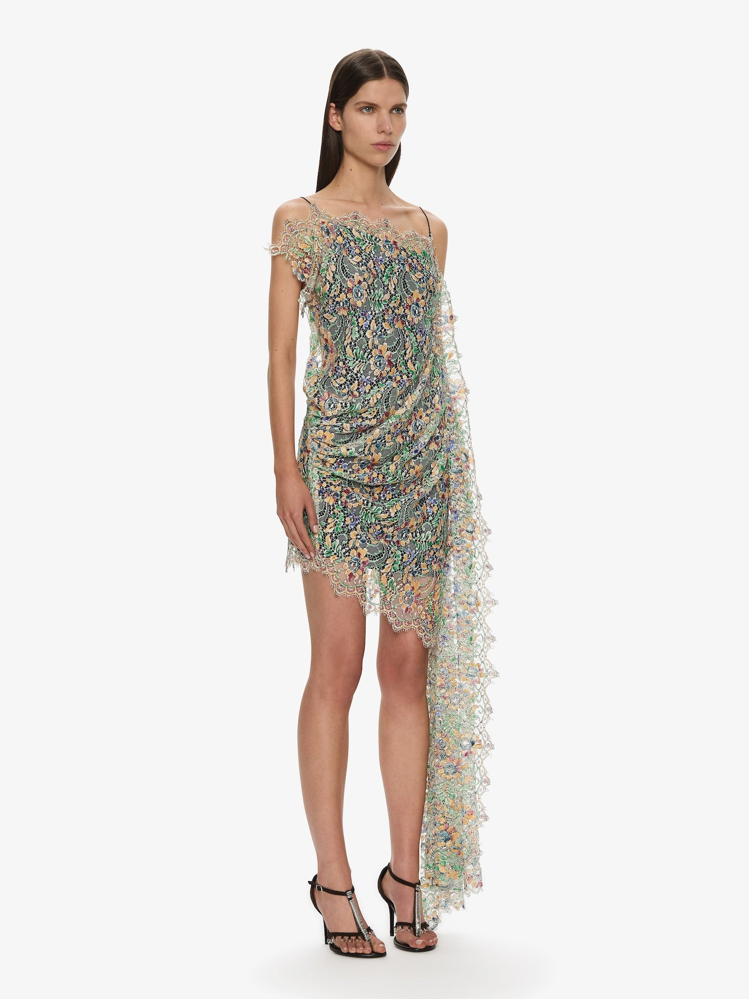 Hand Painted Draped Lace Mini Dress - 3