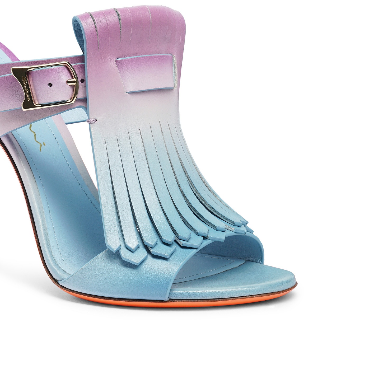 Women's purple and light blue leather high-heel Dua slide sandal with fringe - 6