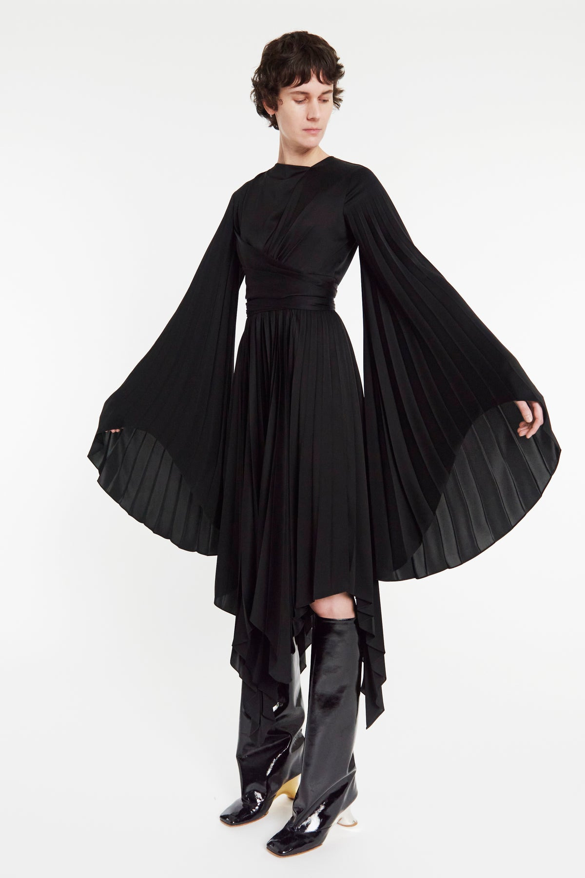 WRAP AROUND MIDI DRESS WITH PLEATED SKIRT & SLEEVES BLACK - 11