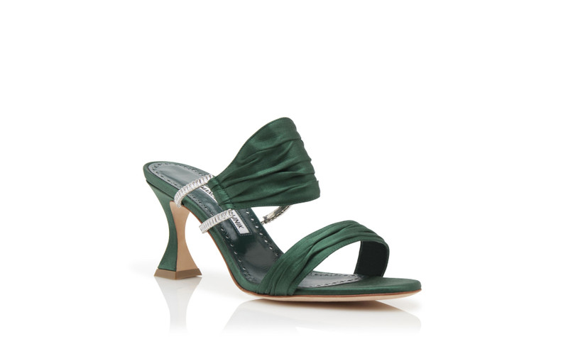 Dark Green Satin Gathered Mules 3