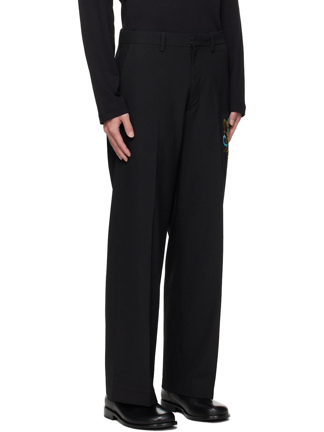 Black Embroidered Patch Trousers - 2