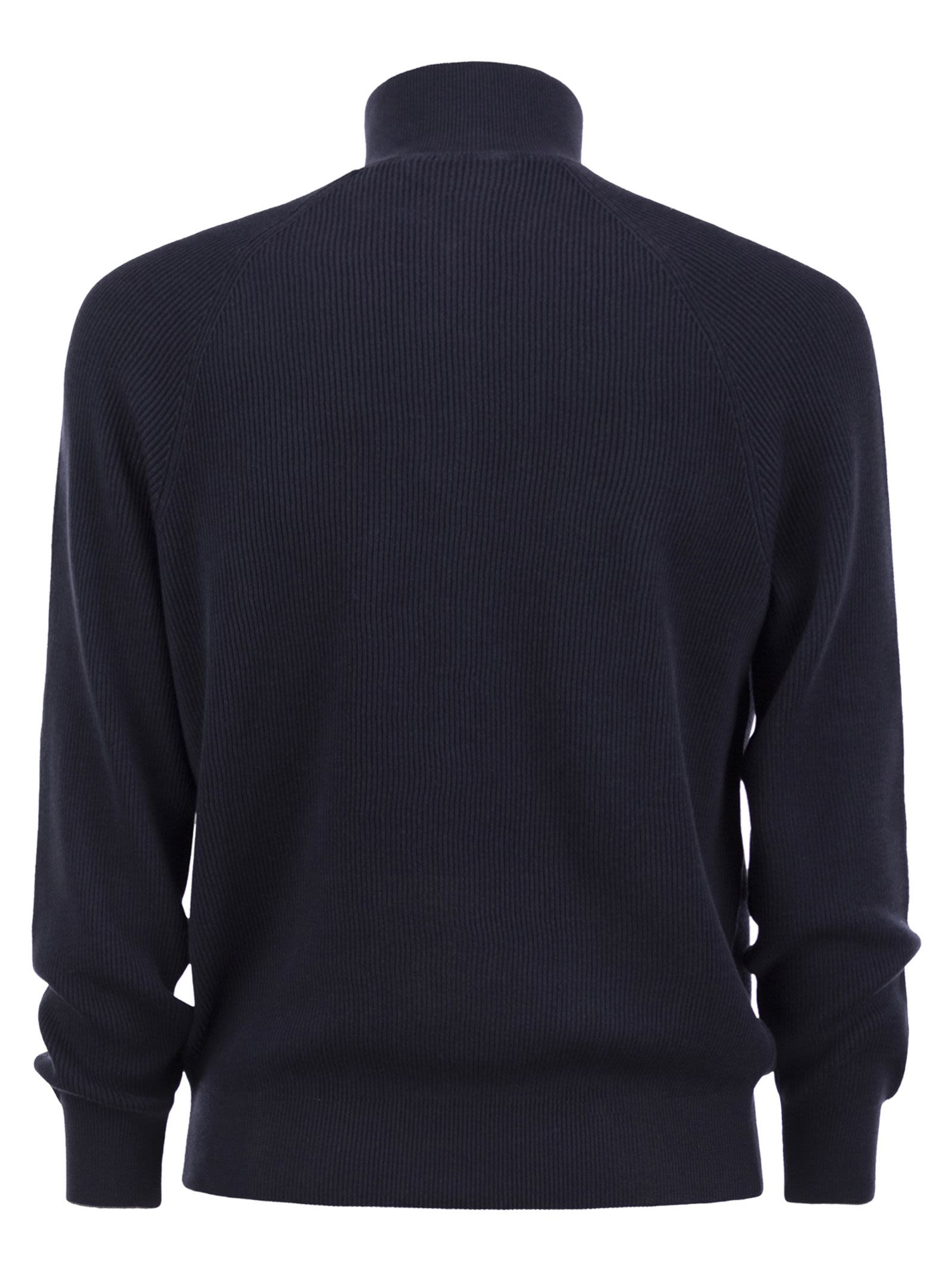 Brunello Cucinelli Men Cotton Rib Sweater With Zip Opening And Raglan Sleeve - 2