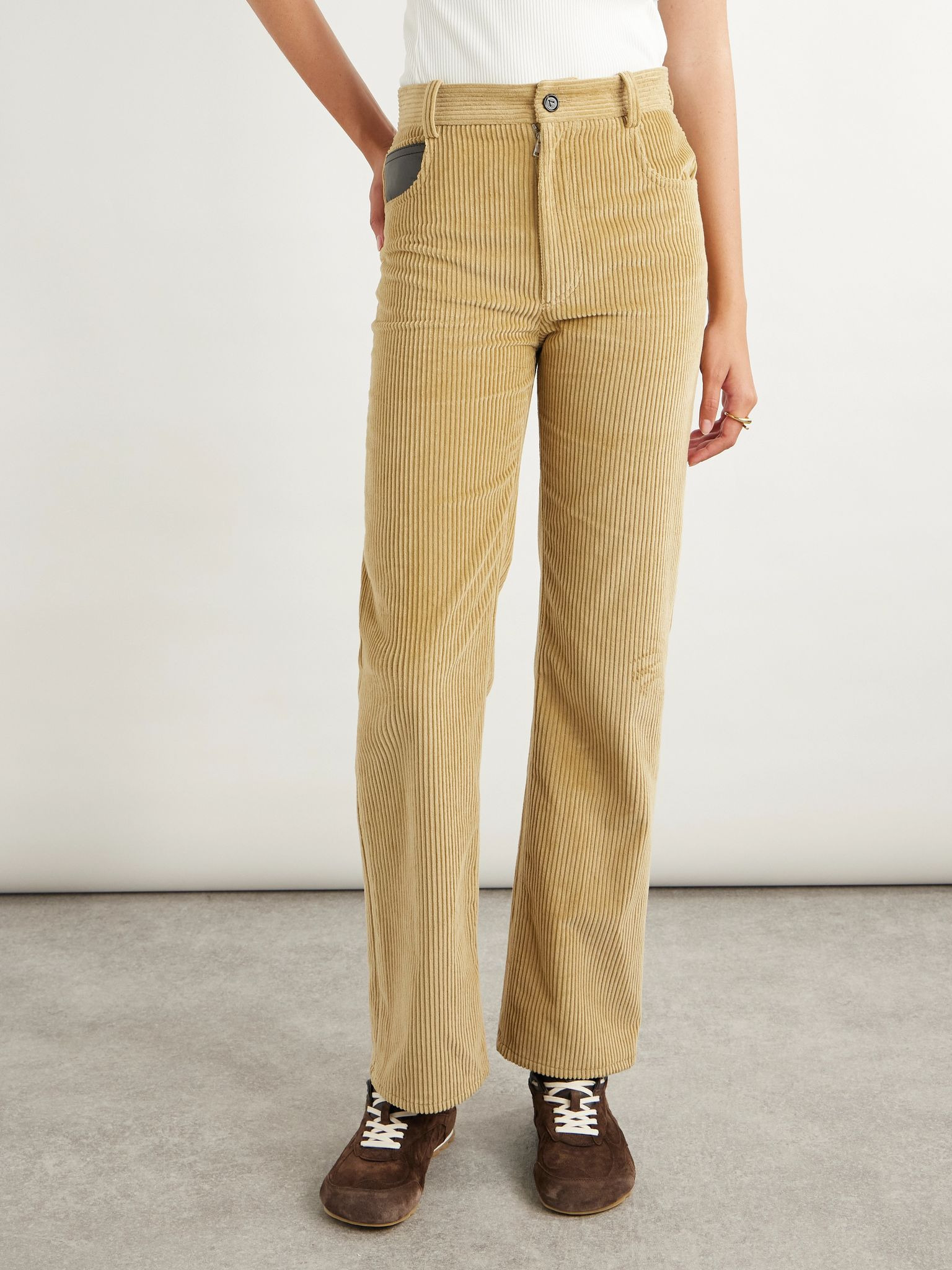 Leather-trimmed cotton-corduroy straight-leg pants Ecru - 3