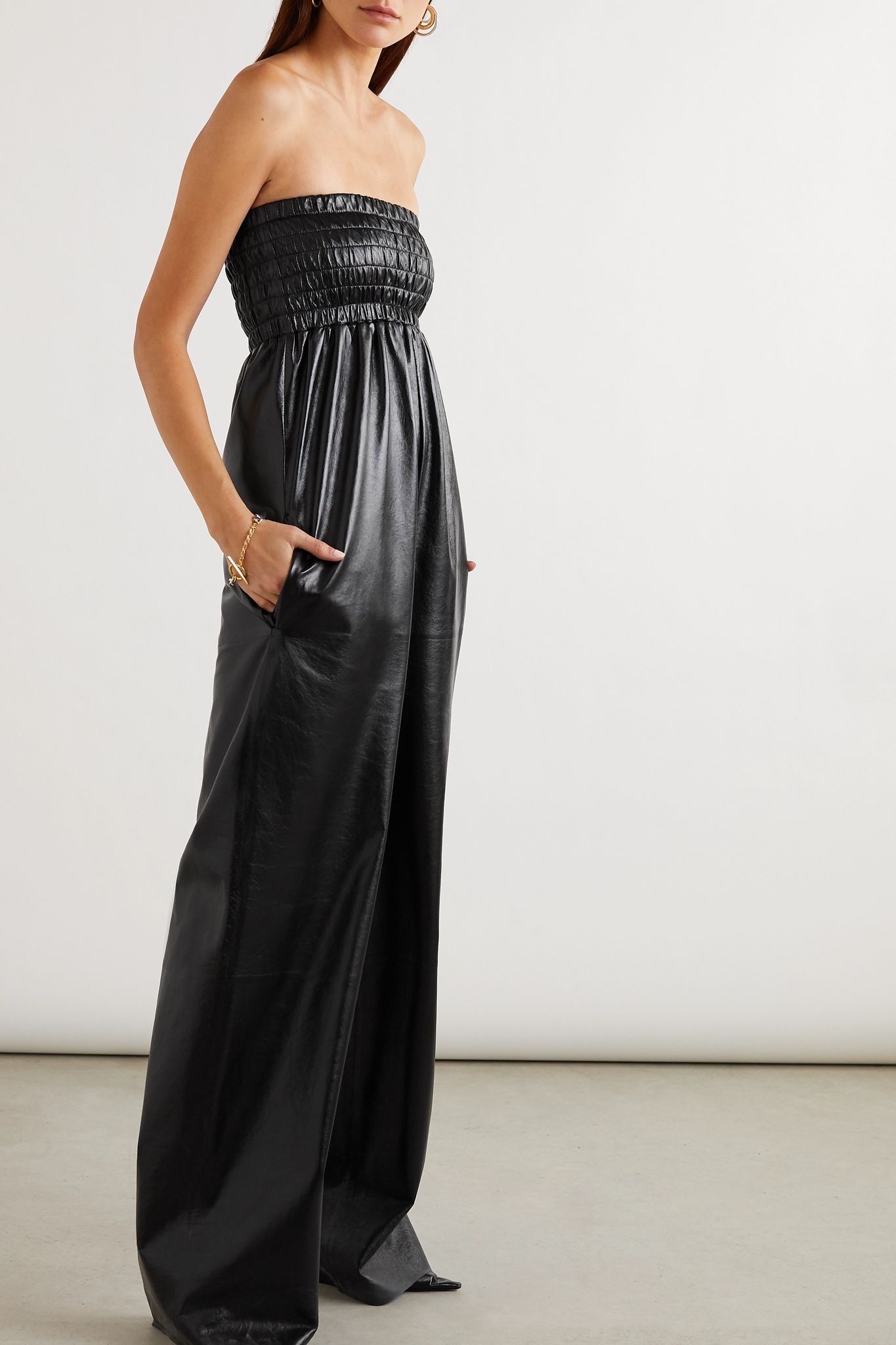 Strapless shirred crinkled glossed-leather jumpsuit - 3