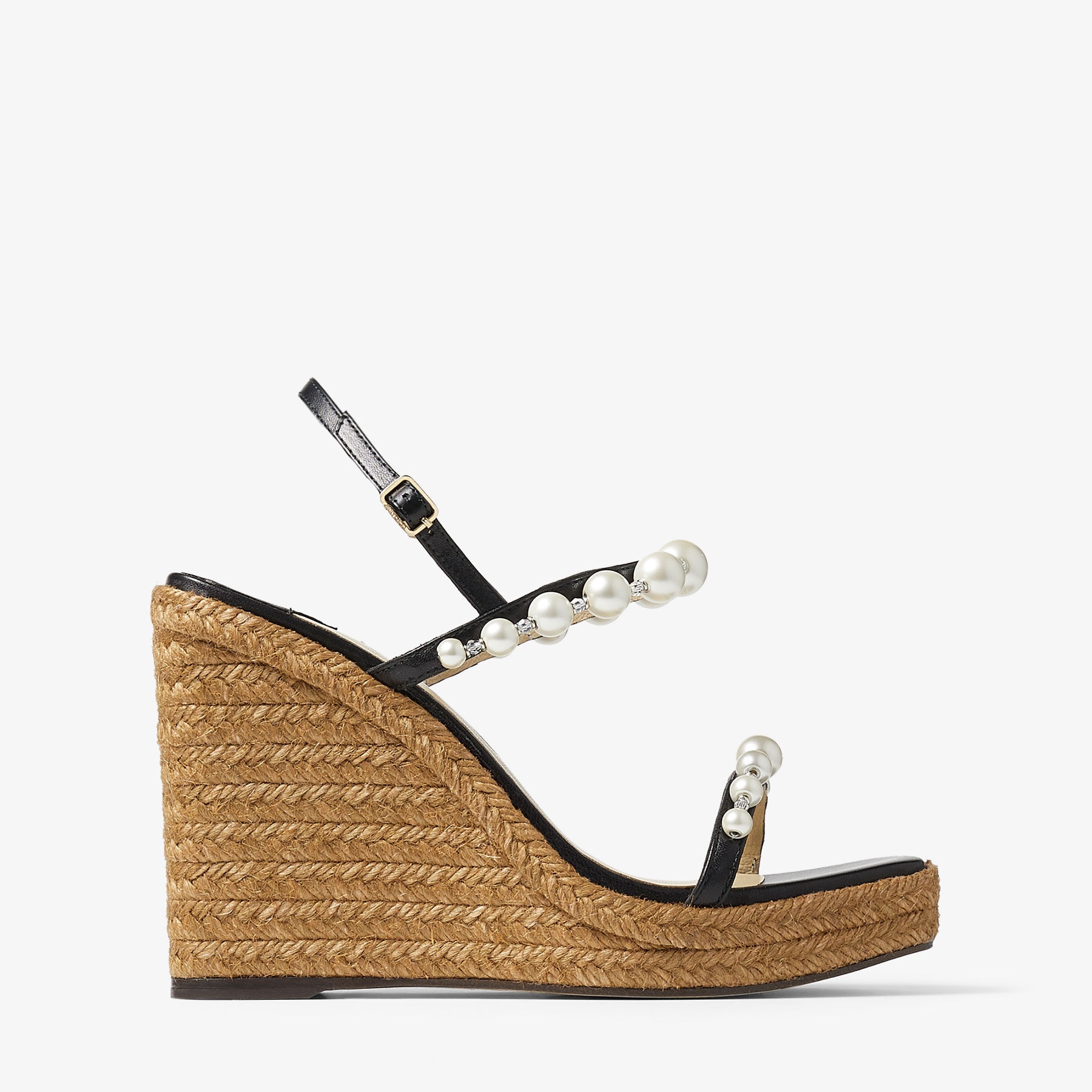 JIMMY CHOO Amatuus 110 Black Nappa Latte Wedge Sandals with Pearls  