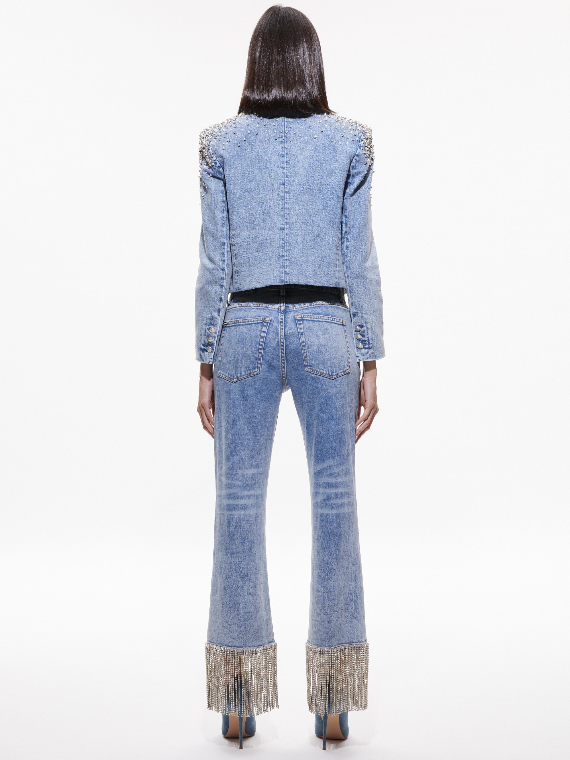 IVAN CRYSTAL EMBELLISHED CROPPED DENIM BLAZER - 2