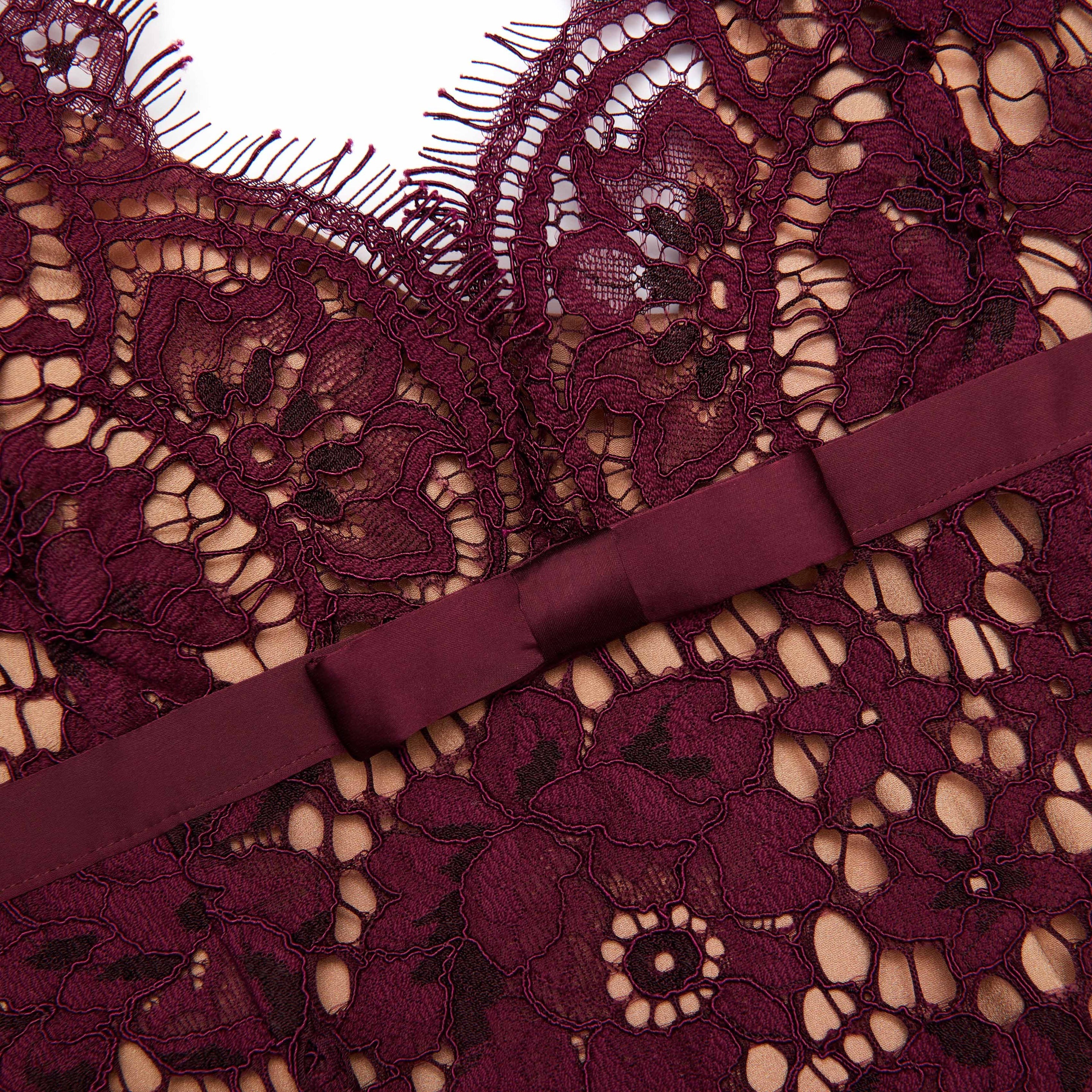 Burgundy Floral Lace Midi Dress - 5
