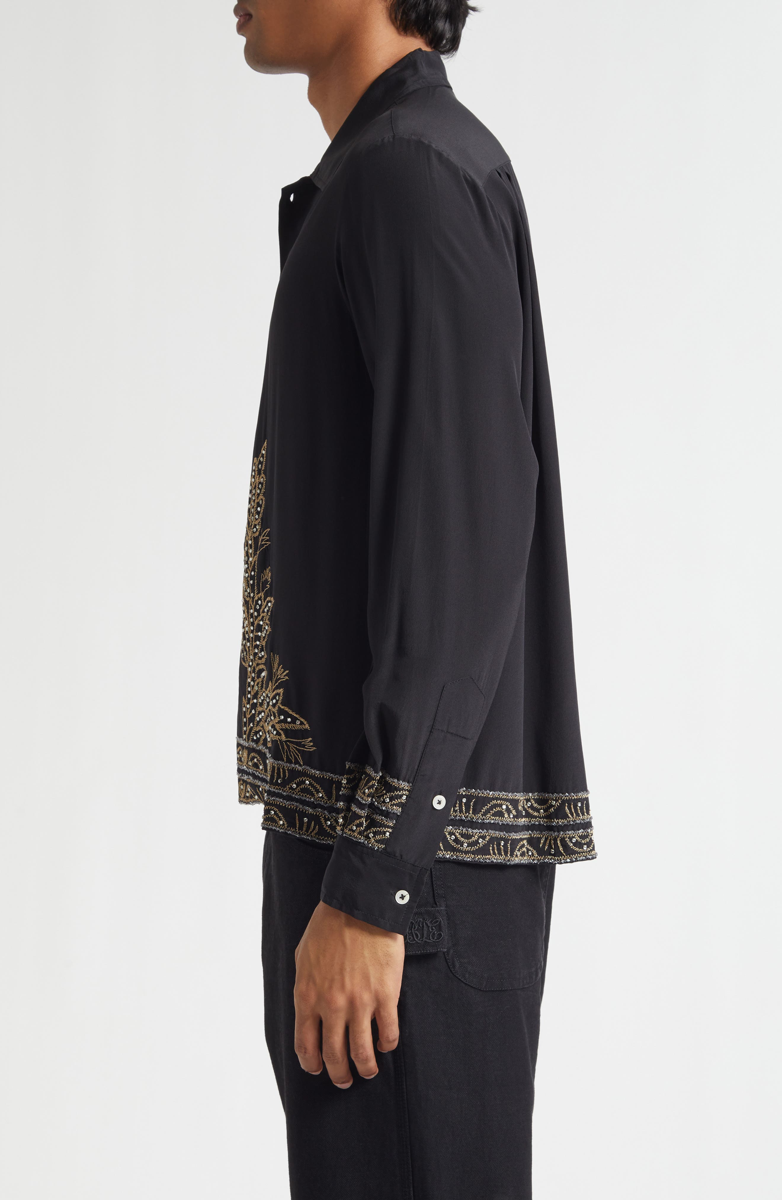 Bode Beaded Epoque Silk Button-Up Shirt in Black at Nordstrom - 3