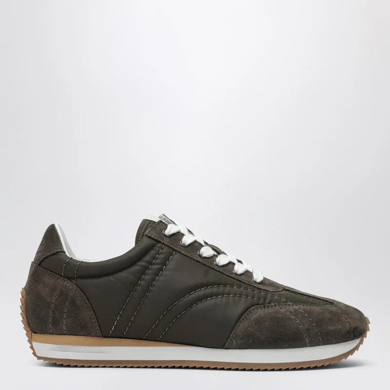 Olive green suede and fabric sneakers - 1