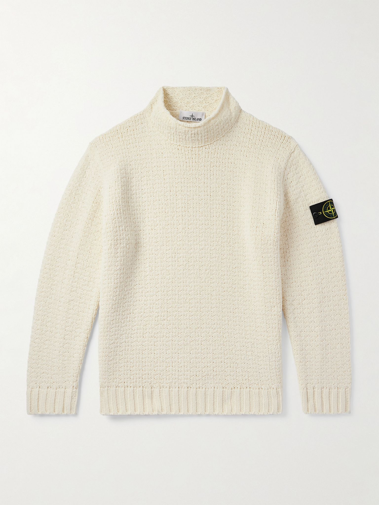 Logo-Appliquéd Cotton-Chenille Mock-Neck Sweater Ivory - 1