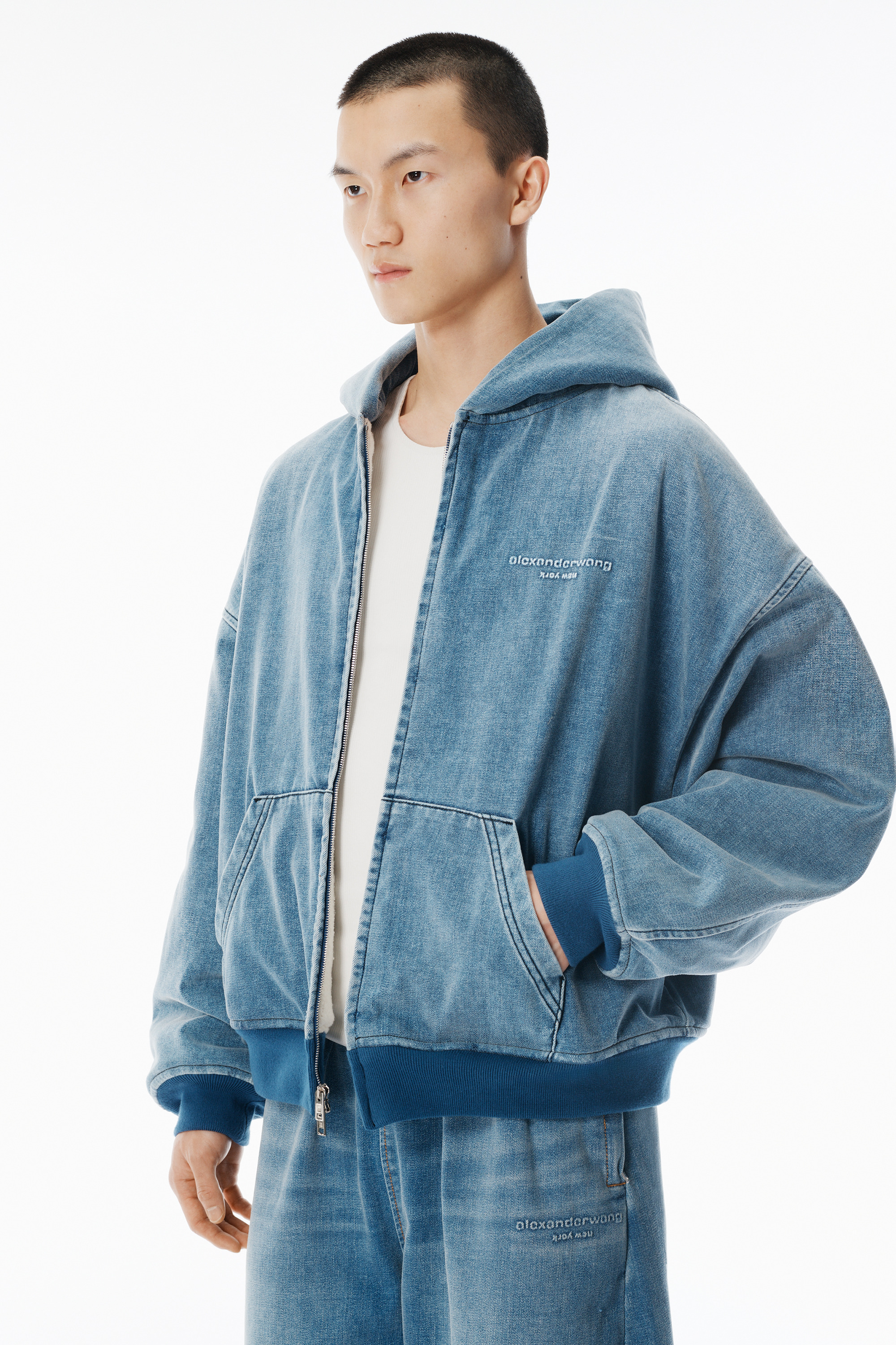 Light Blue Brushed Denim Oversized Hoodie - 3
