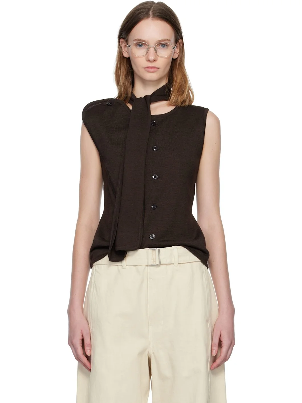 Brown Asymmetrical Sleeveless Cardigan - 1