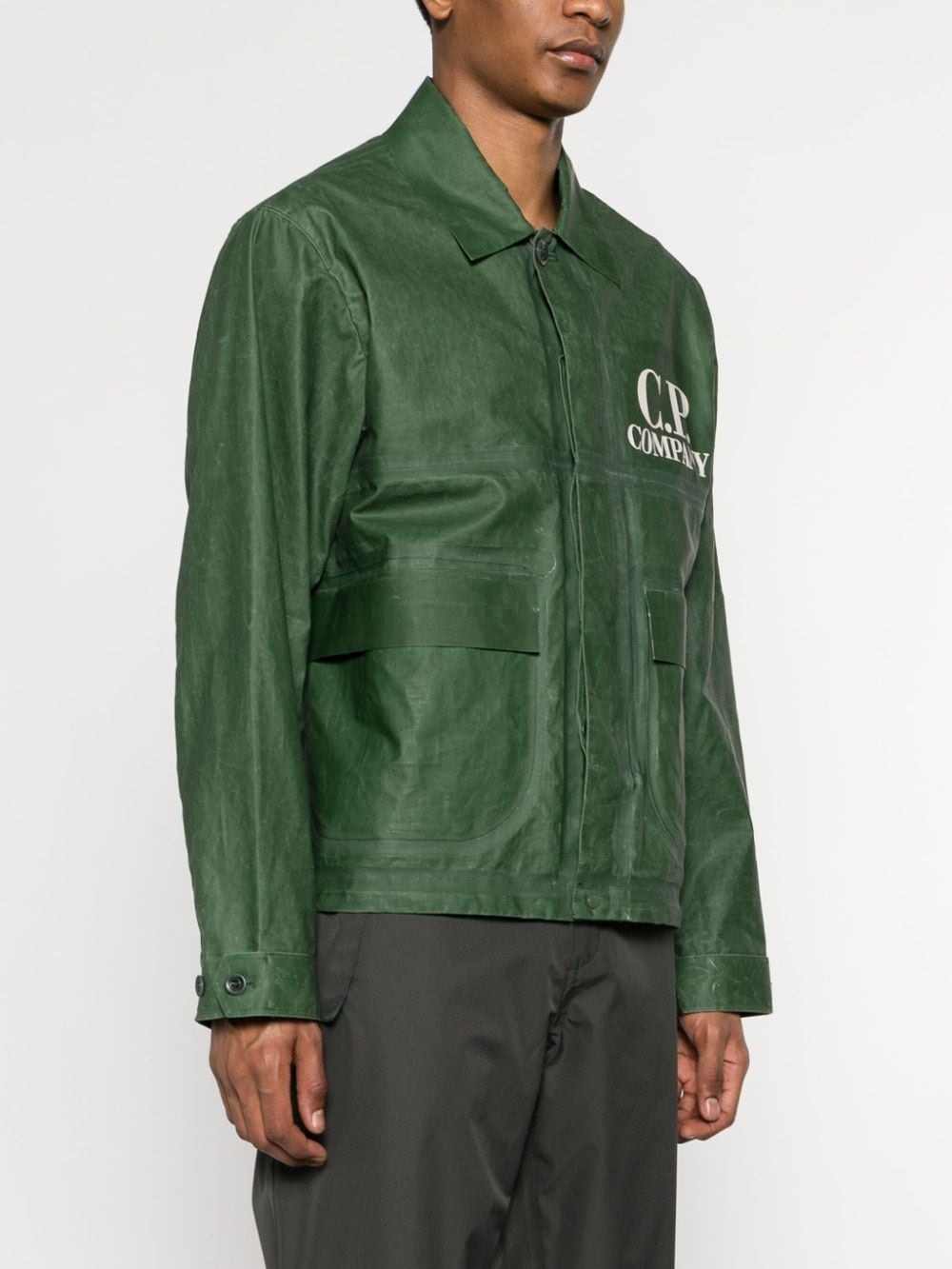 logo-print coated shirt jacket - 3
