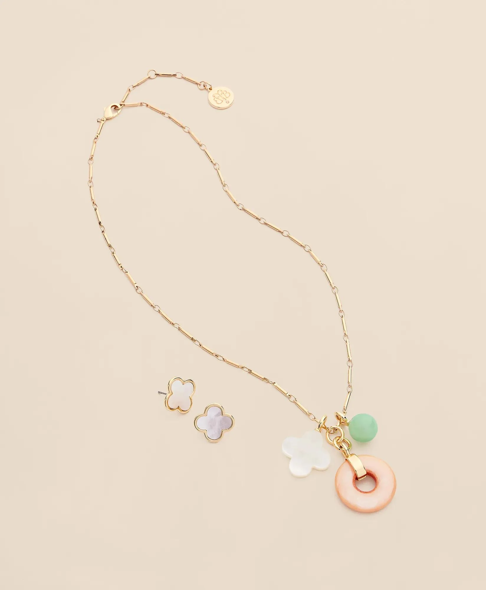 Gold-Tone Stud Earrings & Charm Necklace Set - 1