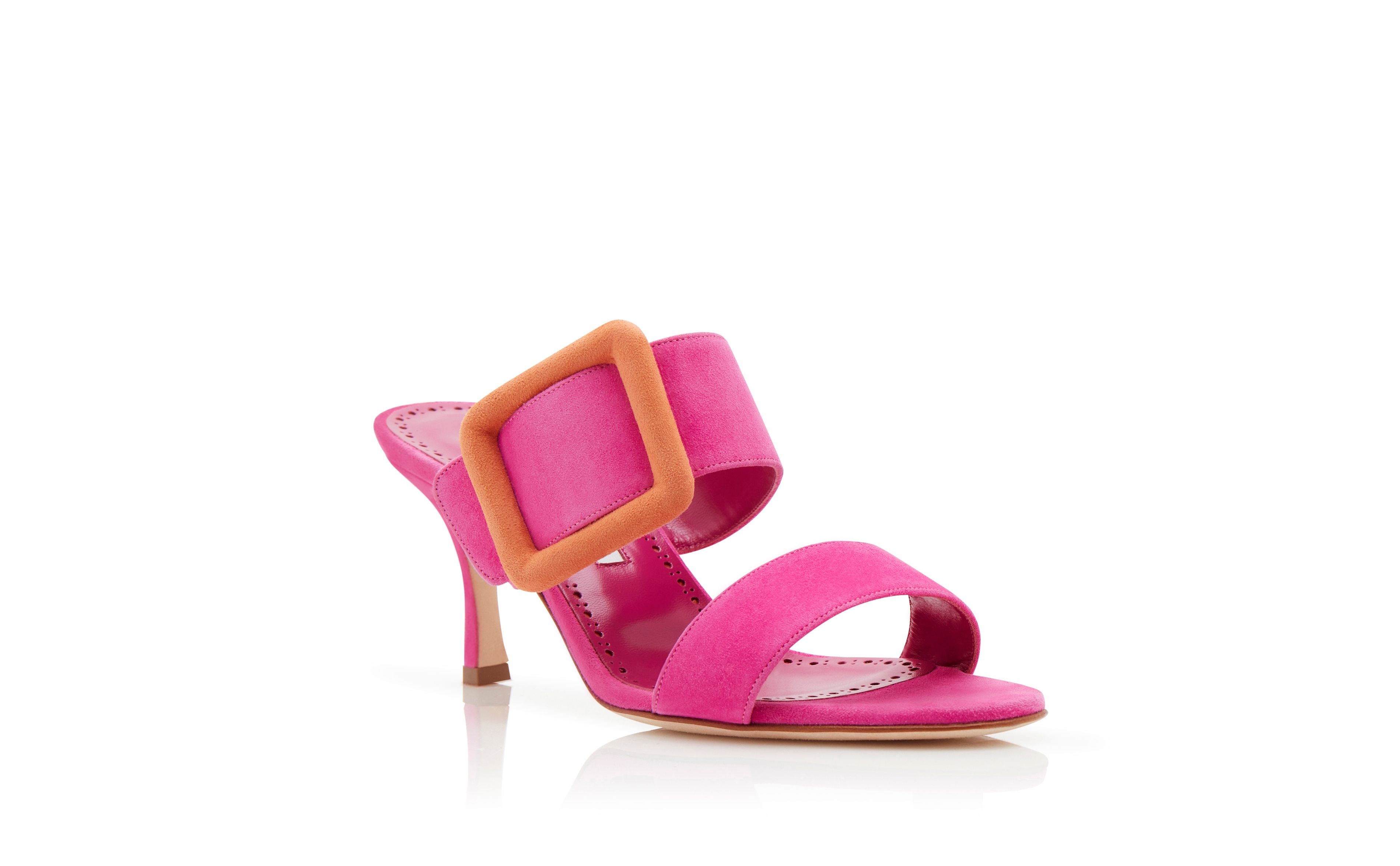 Bright Pink and Orange Suede Buckle Mules - 3