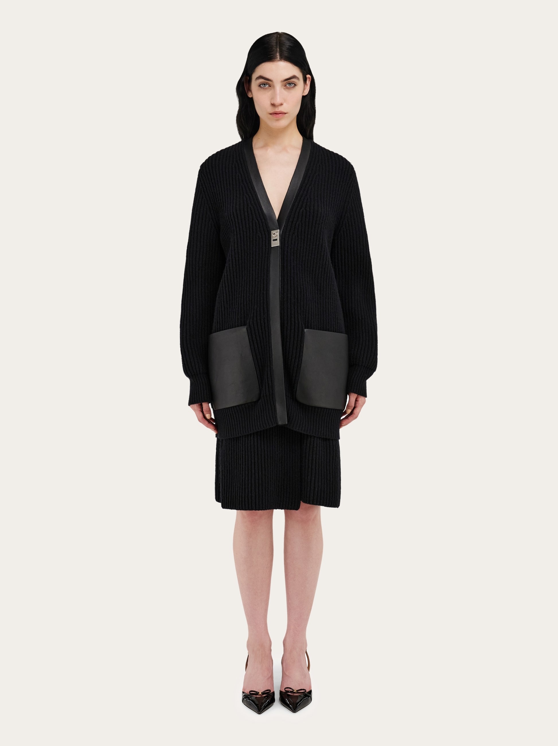 Longline cardigan with leather trim - 7