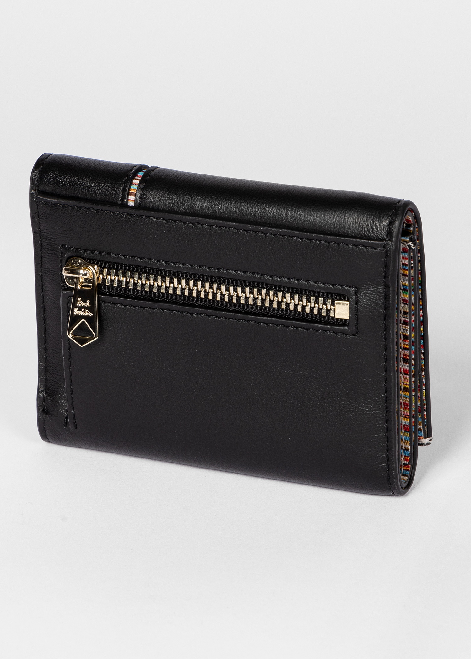 Black Mini Leather Tri-Fold Purse with 'Signature Stripe' Trim - 4