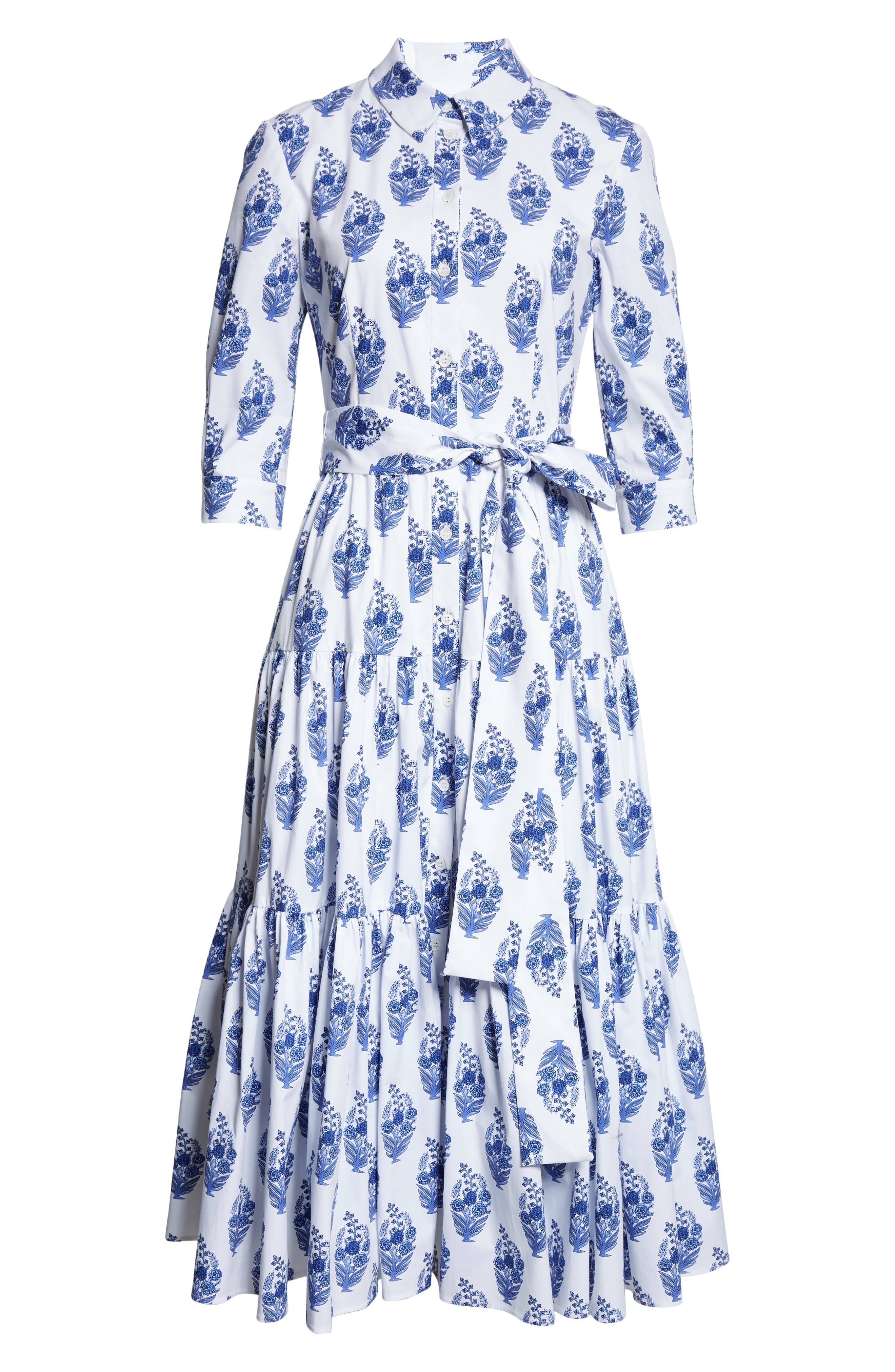 Carolina Herrera Floral Print Tiered Stretch Cotton Shirtdress in White Multi at Nordstrom - 5
