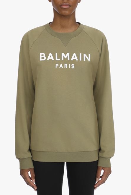Khaki cotton sweatshirt with white Balmain logo - 5