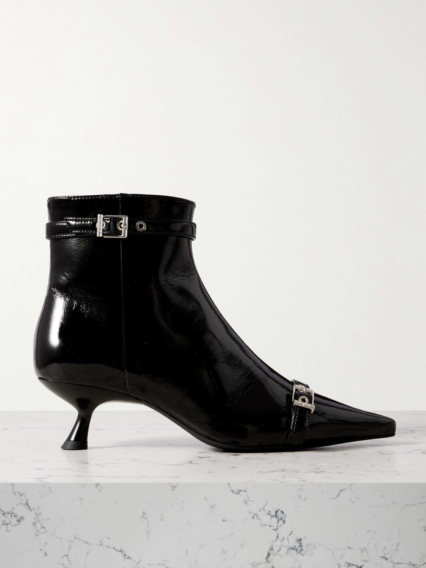 Buckled vinyl point-toe ankle boots - 1