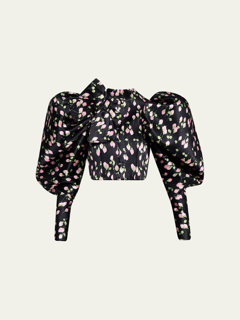 Rose-Print Satin Bow Balloon-Sleeve Crop Jacket 1