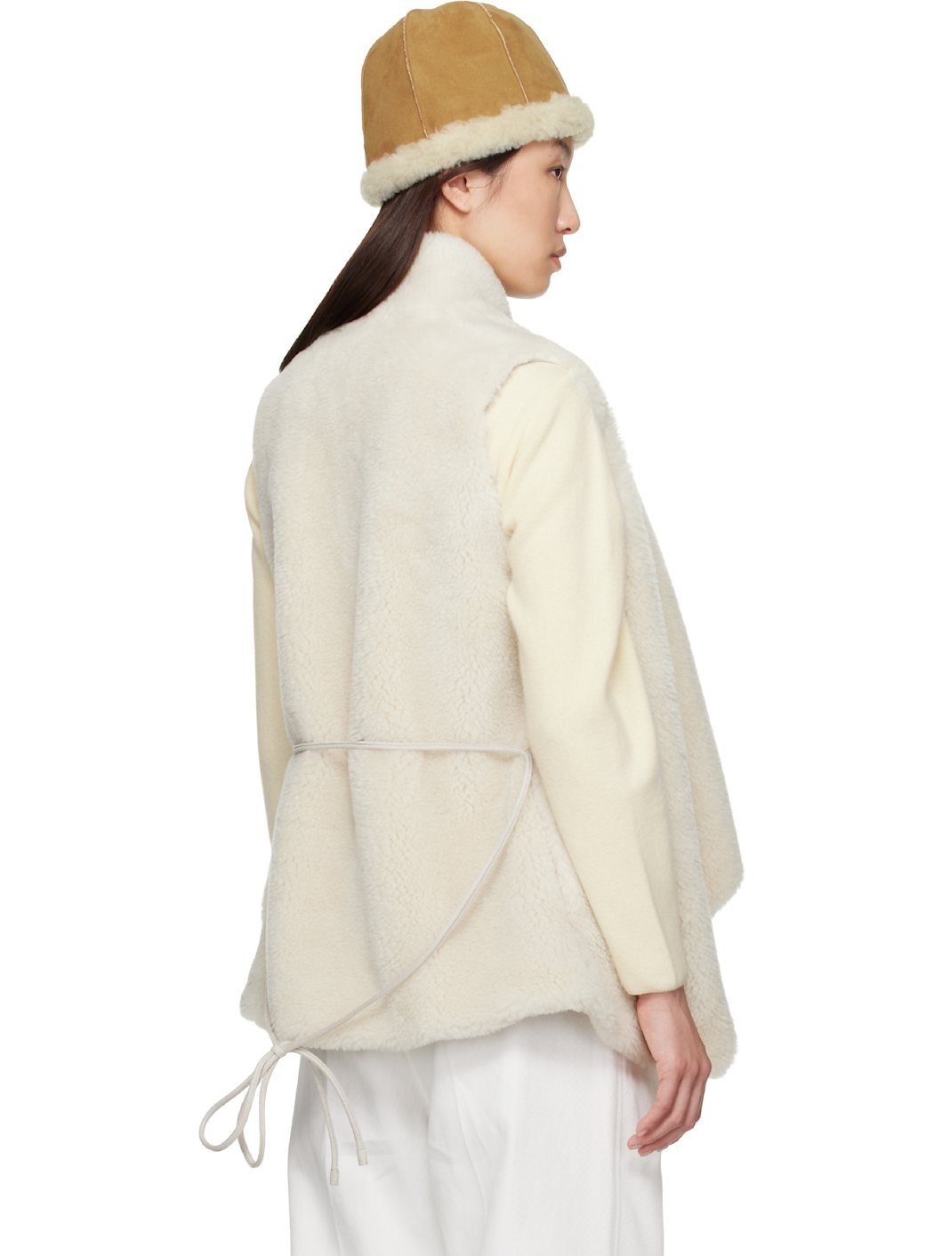 Beige Shawl Collar Faux-Shearling Vest - 3
