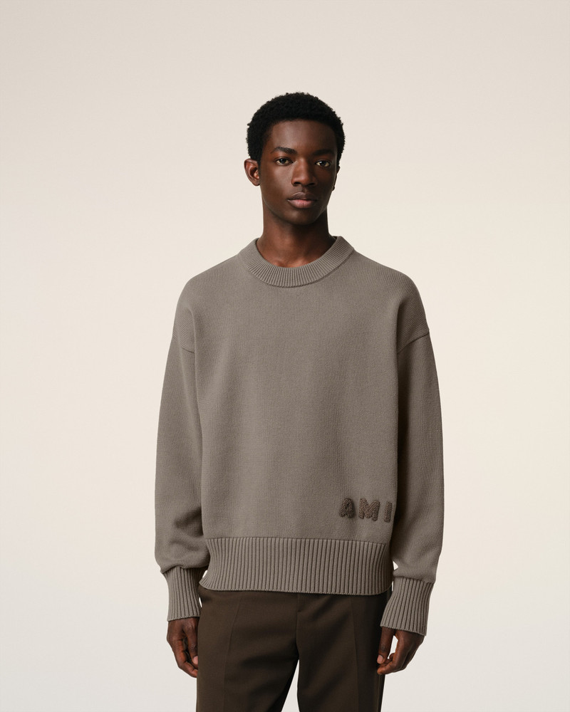 BEIGE COTTON AMI EMBROIDERED CREWNECK SWEATER 3