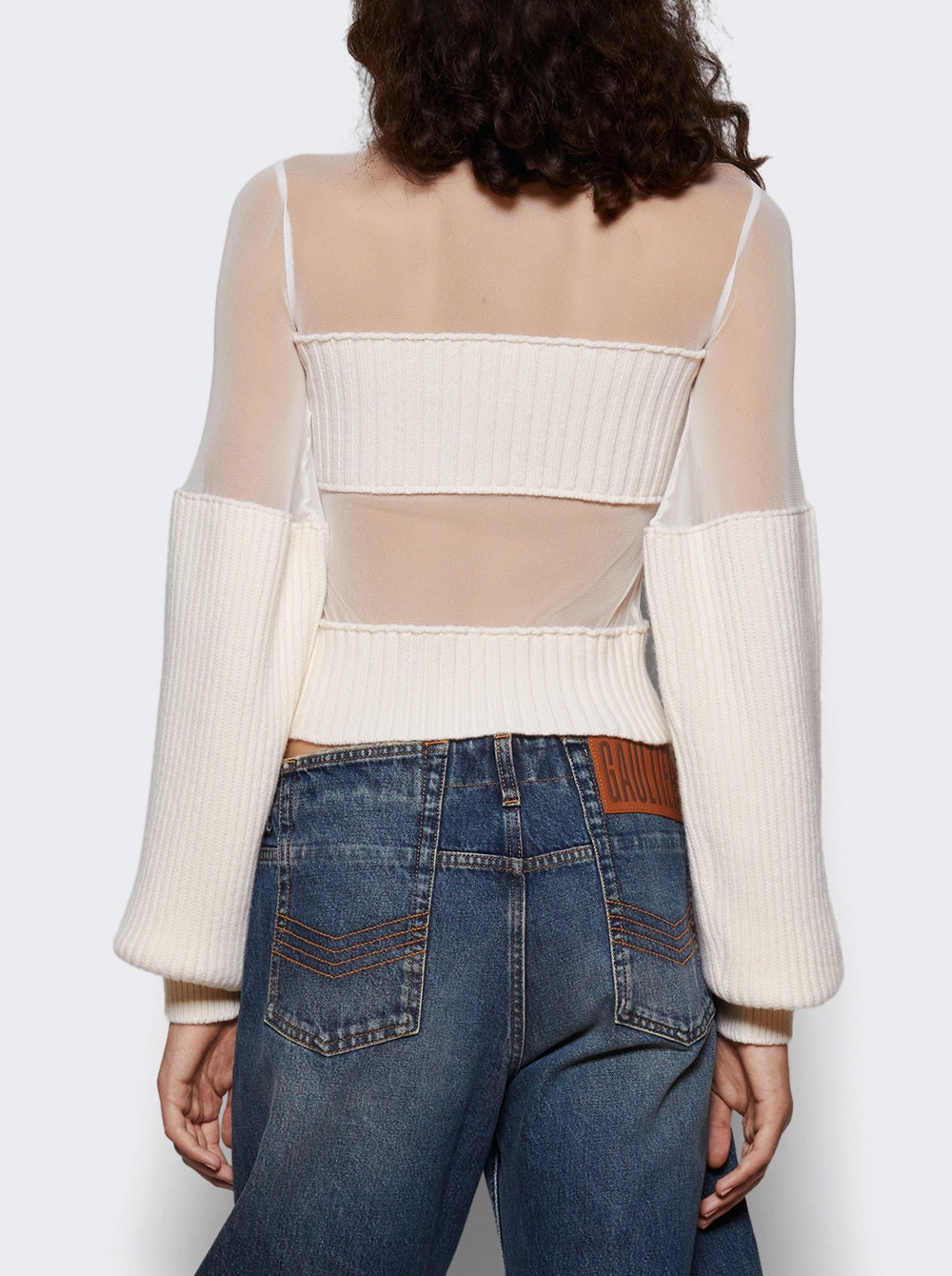 Ribbed Wool And Mesh Long Sleeve Sweater Ecru - 4