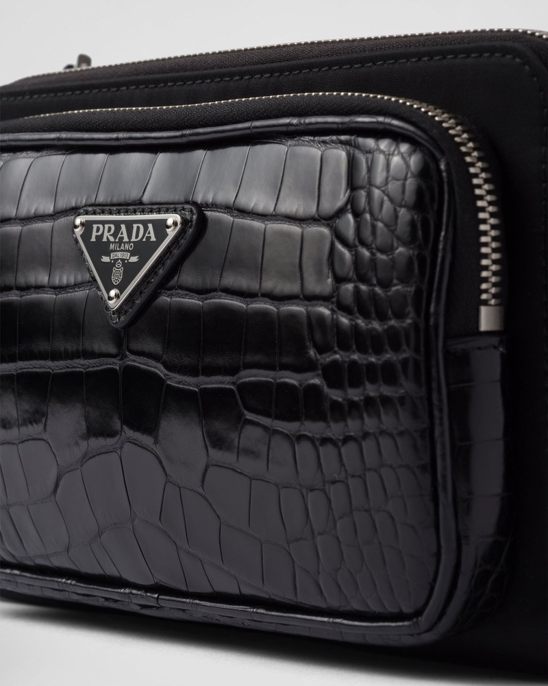 Re-Nylon and crocodile leather shoulder bag 6