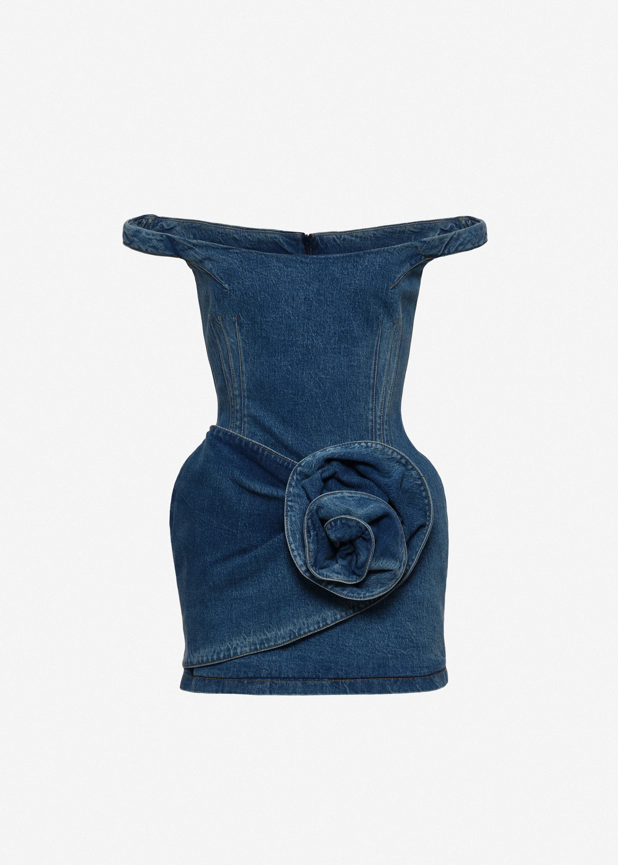 Off-shoulder denim mini dress with sculpted flower in blue - 1