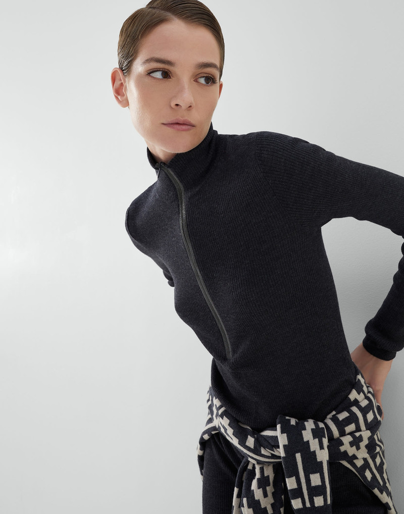 Virgin wool and cashmere lightweight rib knit jumpsuit with precious half zip 4